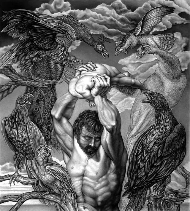 Miguel Scheroff @miguel_scheroff participa en 𝗜𝗻𝘁𝗲𝗿𝗽𝗮𝗶𝘀𝗮𝗷𝗲𝘀 con la obra &ldquo;Ritual y sacrificio&rdquo;. "En la trayectoria de Miguel Scheroff ha sido muy frecuente encontrar obras que tratan la cruda realidad del ser humano a través de rostros o cuerpos totalmente descarnados. "Ofrenda a las aves", sin mostrar la crudeza de la carne, consigue esa misma reacción donde el rechazo y la atracción se dan la mano para persuadir la mirada y situarla en el regocijo de lo incómodo. Una escena que recuerda al sacrificio de Isaac o a las obras de Rubens "Saturno devorando a su hijo" y "La masacre de los inocentes", revelando los límites a los que puede llegar el ser humano. También recuerda a los conciertos de aves de Frans Sneyders o Paul de Vos, siendo la partitura en esta ocasión un bebé a punto de ser devorado. Las aves, la luz, las nubes y, en definitiva, el paisaje, conjurados, con tintes barrocos con la inhumanidad"
.
Sacrificio y Ritual
2018
Carboncillo sobre papel
170 x 150 cm ⛰𝗜𝗡𝗧𝗘𝗥𝗣𝗔𝗜𝗦𝗔𝗝𝗘𝗦⛰exposición virtual de @eldevenir + @galeriazunino.
Texto: Guillermo Amaya Brenes @guillermo.a.b.
Visítala en la web 💫www.eldevenirartgallery.com/interpaisajes
.
.
.
.
.
.
.
.
.
#eldevenir #eldevenirartgallery #interpaisajes #mariarosajurado #miguelscheroff
 #painting #ritual #mayo2020 #artonpaper #virtualshowroom #charcoal
 #landscape #spanishartist #homedecor #homedesign #contemporaryart #conciertodeaves #illustration #illustrateur #sky #artinmalaga #artinspain #nyc #blue #decor #exposicionvitual #malaga #tokyo #東京