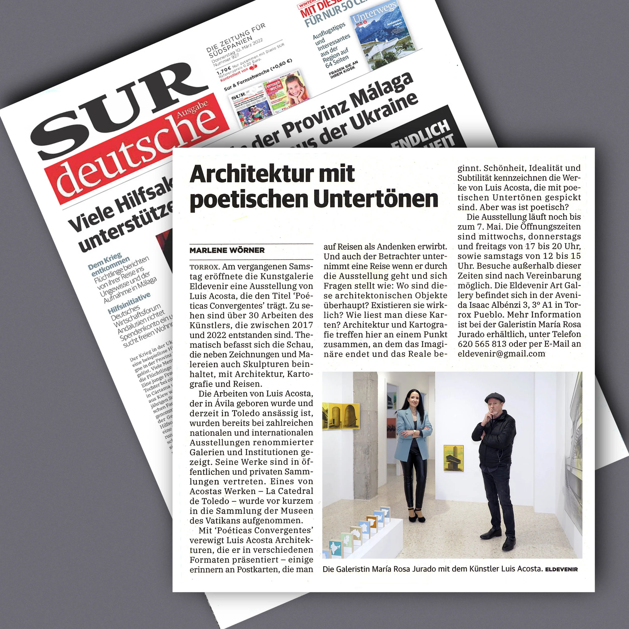 Eldevenir Art Gallery con Luis Acosta en la sección de cultura del diario SUR deustsche Ausgabe