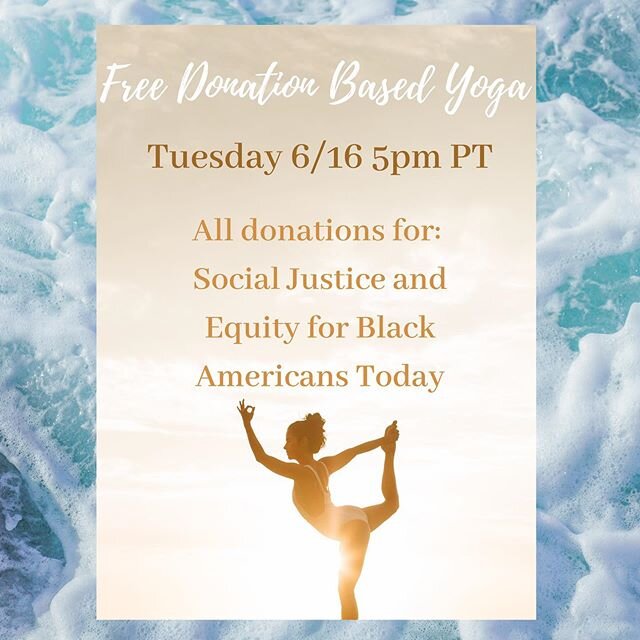 Join me on your mats this Tuesday via Zoom to support social justice 🧘&zwj;♀️⁣⁣
⁣⁣
First $1000 of donations will be corporately matched⁣⁣
⁣⁣
All levels welcome! If yogas not your thing, I&rsquo;ll still be accepting donations to match them⁣⁣
⁣⁣
DM m