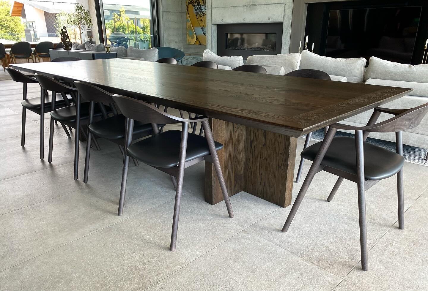 Beautiful &ldquo;Inola&rdquo; sitting right at place in her new forever home. 3600mm x 1300mm, designed for large families and entertaining. Hand veneered American Oak over a torsion box design,ensuring stability for years, with a moody dark oak stai
