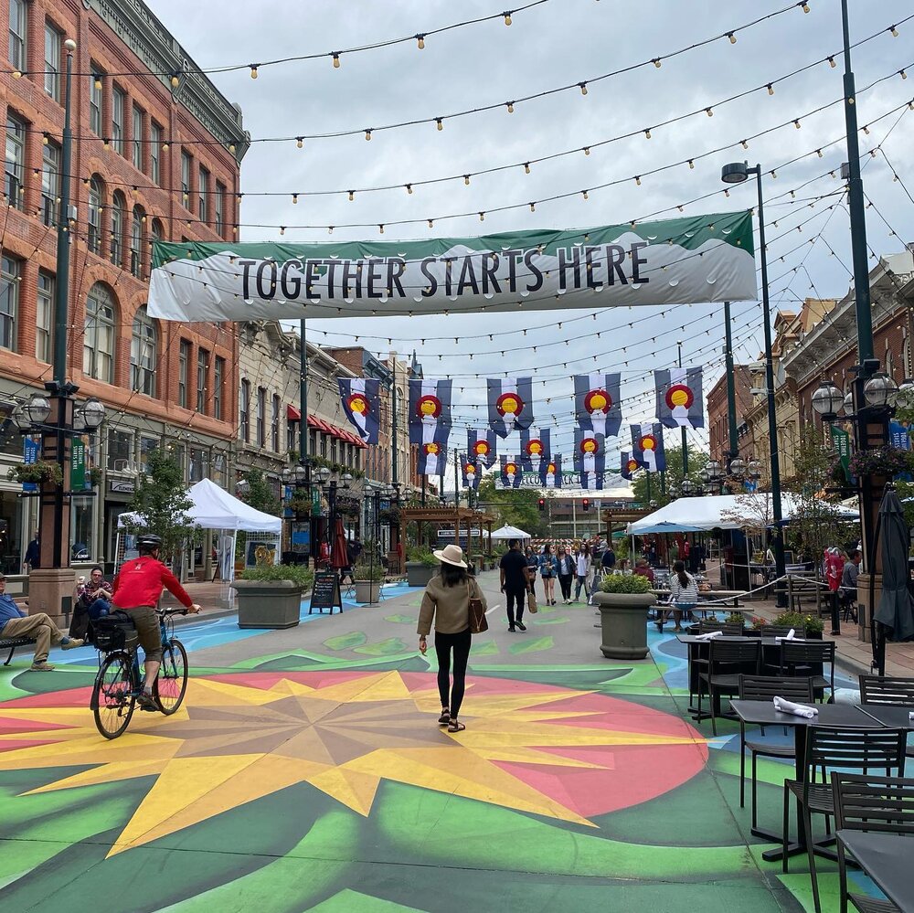 Larimer Sq is starting to come back thanks to great measures to close down the street and make it for people not cars. We were happy to help in some small ways to help@out @larimersquare #urbanism #tacticalurbanism #streetsareforpeople #outdoorcafe #