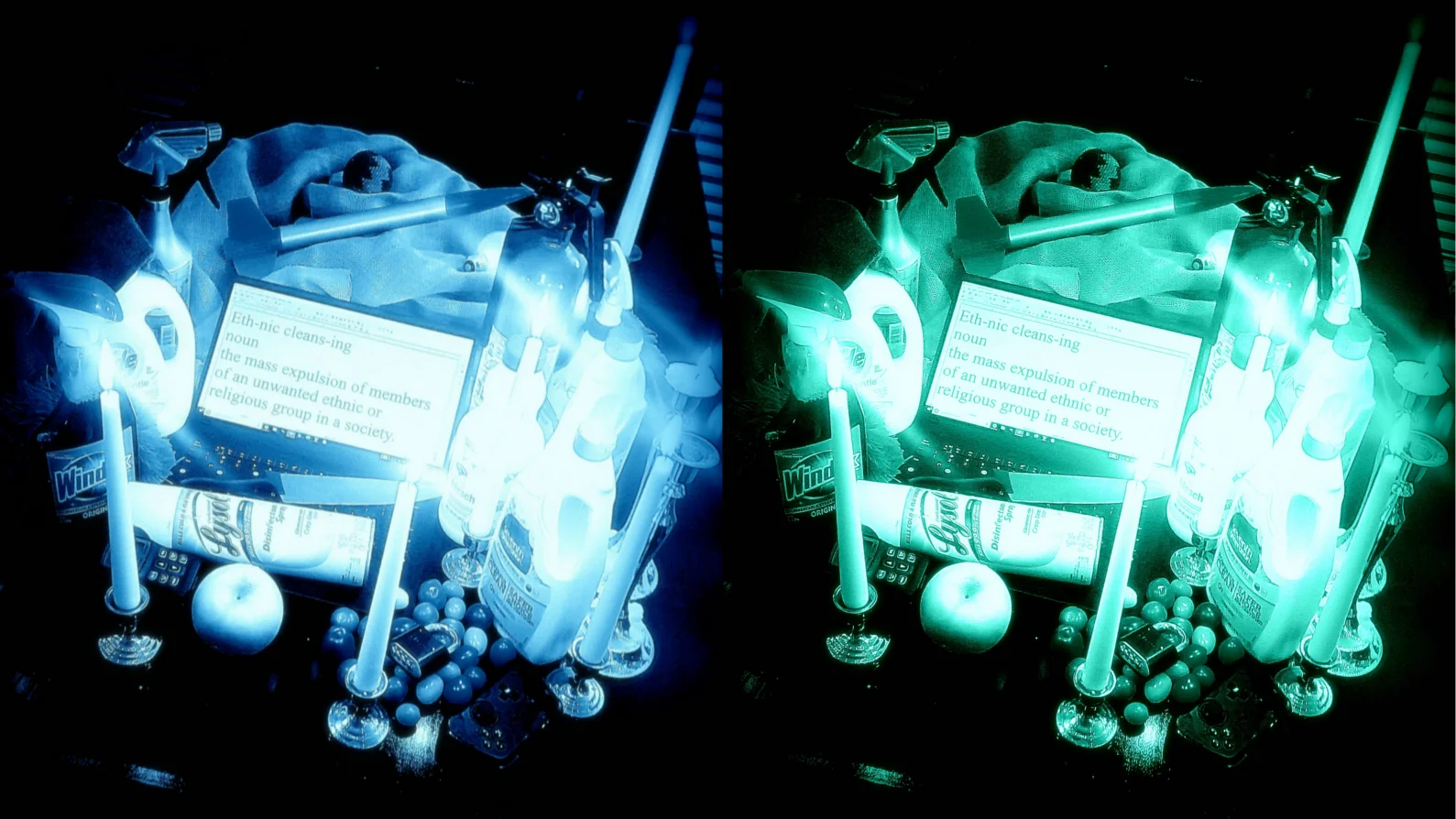 ETHNIC CLEANSING, dimensions variable, approximately 64 x 36 w, 16:9 ratio, double still life photograph by artist, edition of 8 plus 2 APs (artist’s collection).