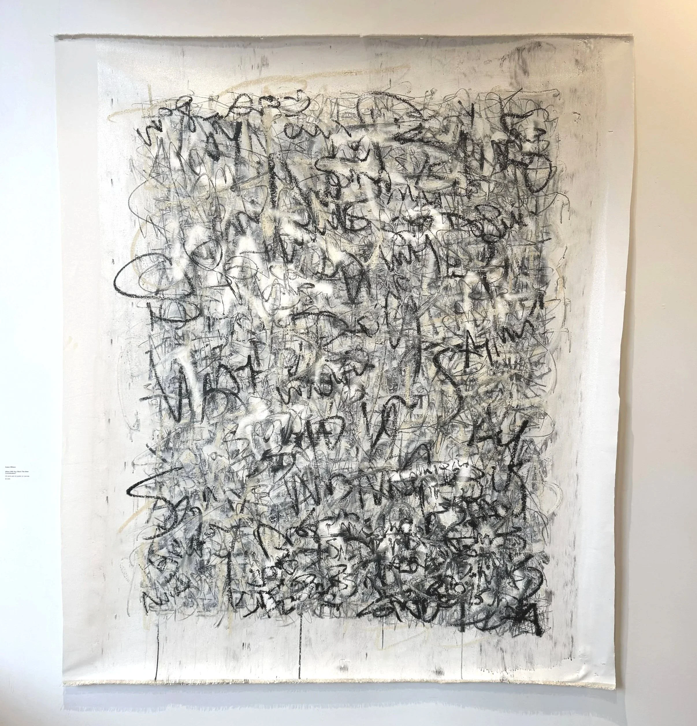  oil stick and spray paint on canvas  artist’s text  5 × 5 ft  2026     