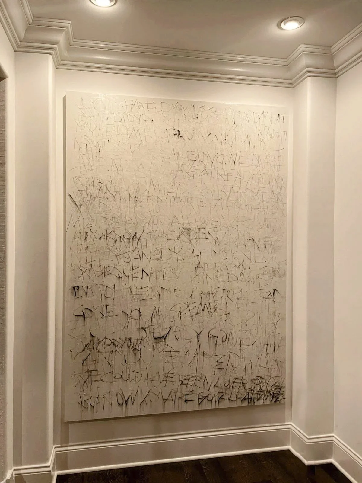  collector’s installation view  inscription painting / new cave painting  spatial writing systems  artist’s substantive texts  oil and oil stick on canvas  7 × 5 feet  2021     
