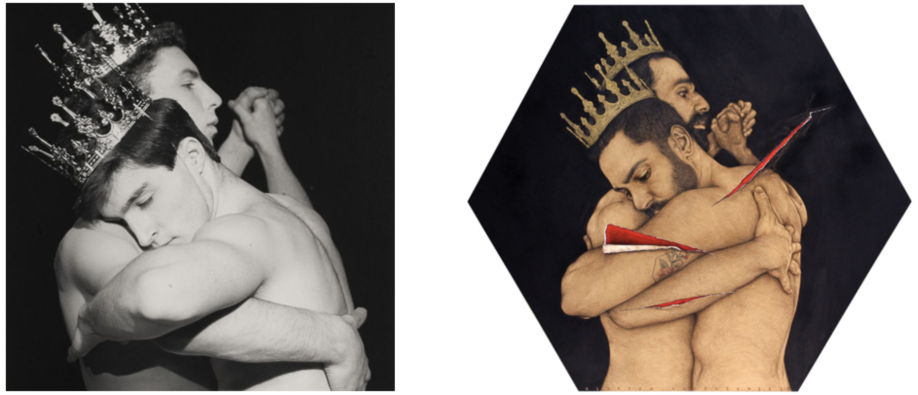 Left: Mapplethorpe’s ‘Two Men Dancing (1984)’ , featured in a retrospective exhibition of his work titled ‘The Perfect Moment’, exhibited shortly before he succumbed to AIDS in 1989. Right: Shojaian’s interpretation titled ‘The Perfect Moment’ aimed…