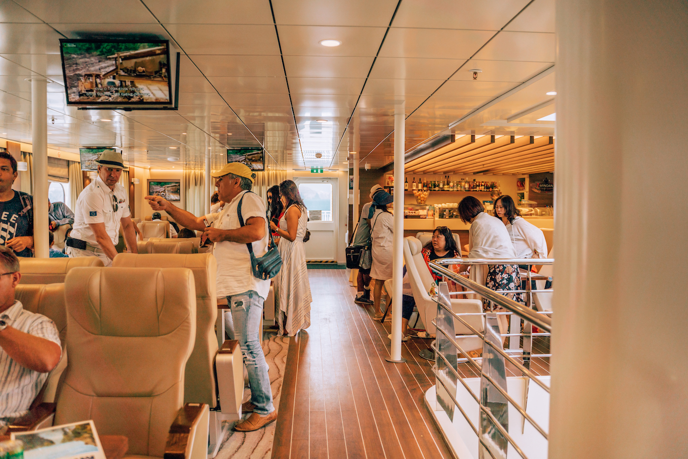 Luxurious upper floor of the Santorini Palace ferry between Crete and Santorini. I highly recommend booking a seat here if it fits in your budget!