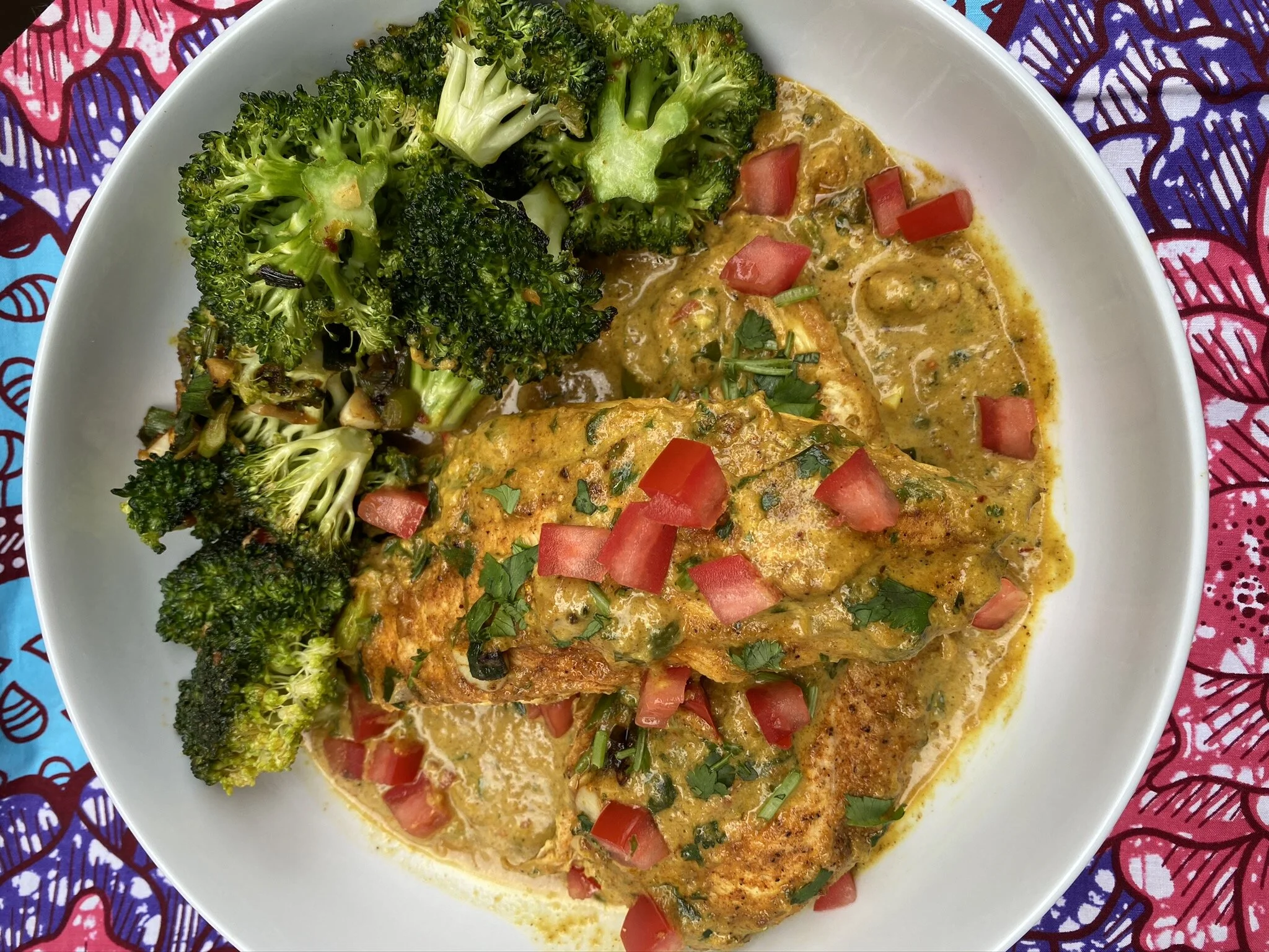 PIRI PIRI ROASTED CHICKEN BREAST with COCONUT CURRY SAUCE and CRISPY ROASTED BROCCOLI
