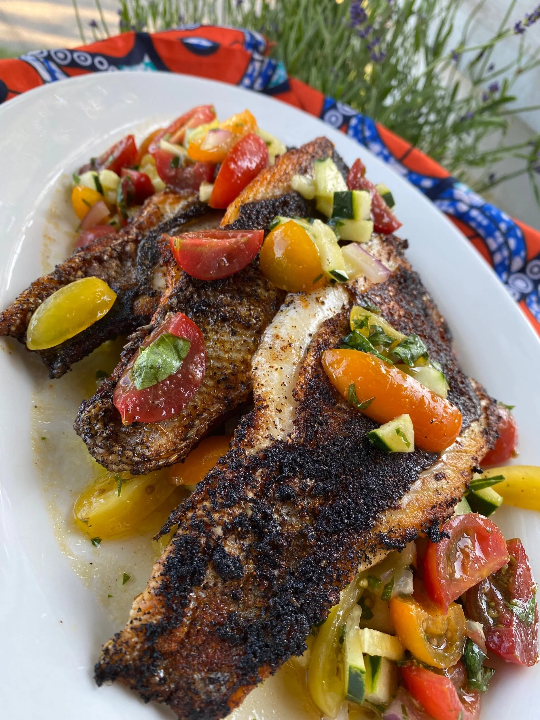 BLACKENED BRANZINO with FRESH TOMATO CUCUMBER SALAD