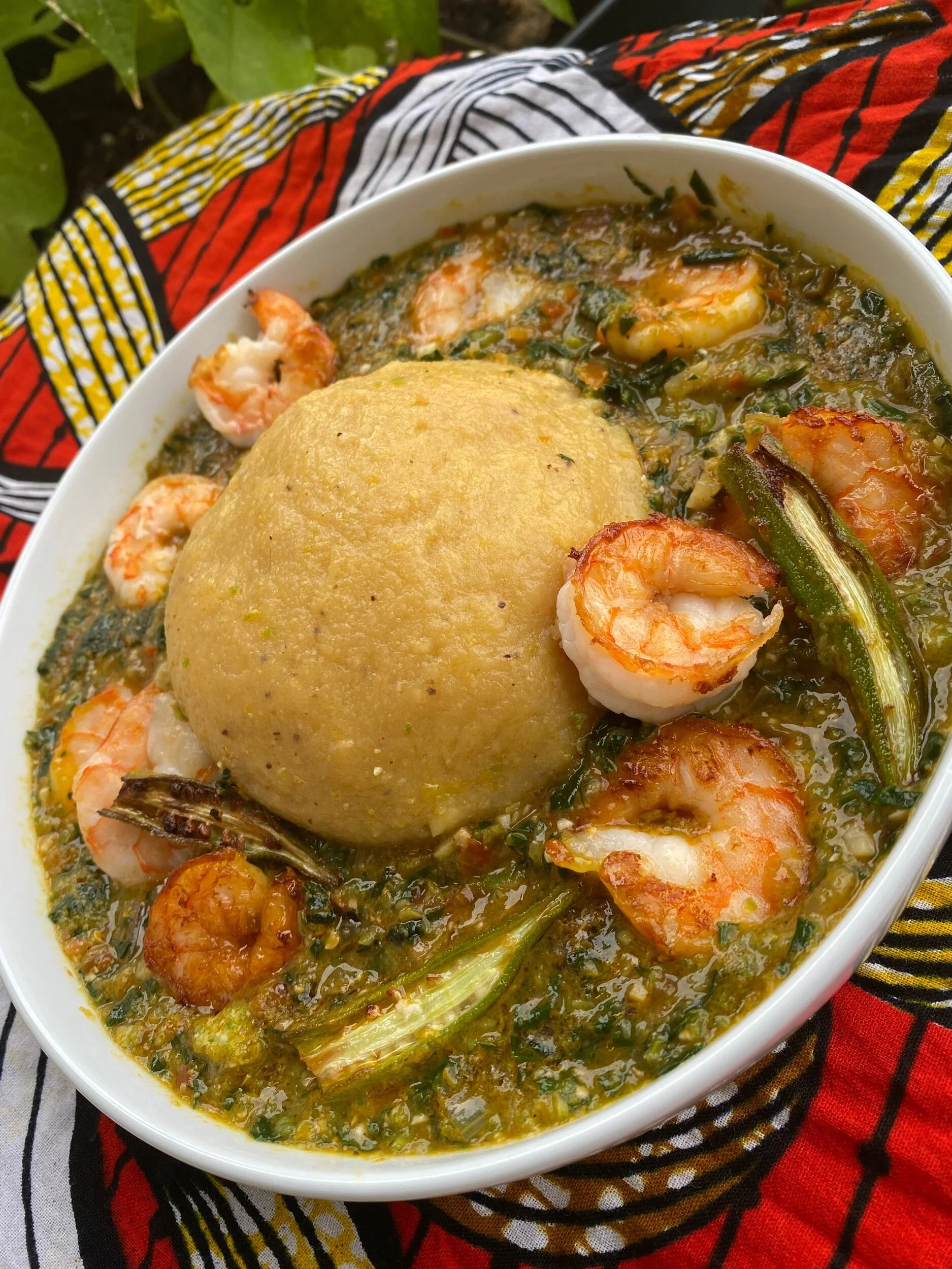OKRO SOUP with SPINACH, & FRESH PLANTAIN FUFU