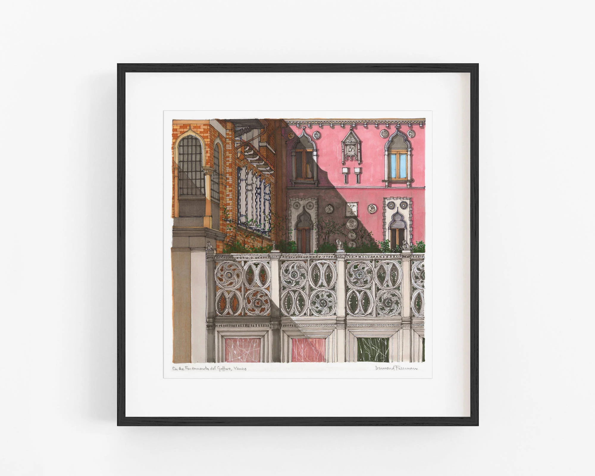 On the Fondamento del Gaffaro, Venice, 2013, Original pen and ink drawing of Venice by Desmond Freeman