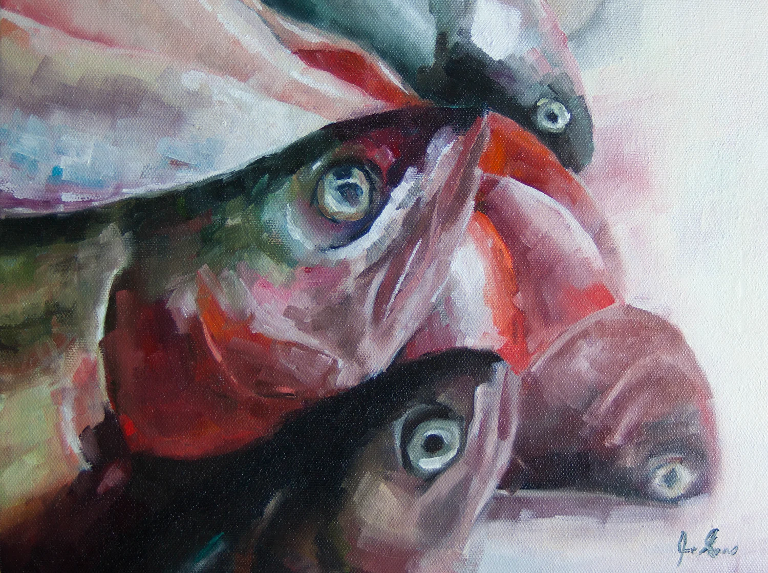 “Rainbows for Smoking” is an oil painting by Joe Enns that depicts a group of Rainbow Trout being prepared to go in the smoker.