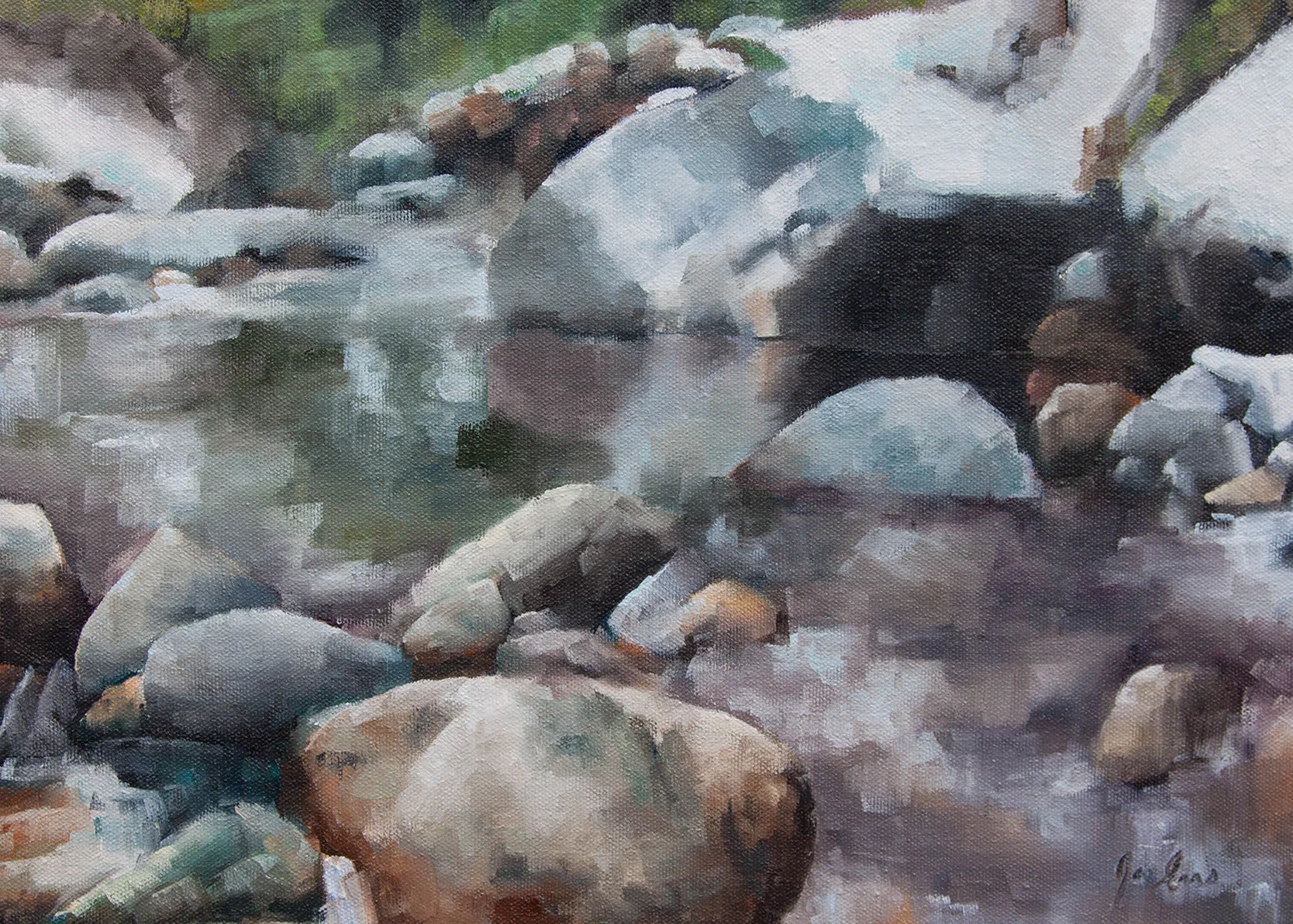 “Shuttleworth Winter” is an oil painting of Shuttleworth Creek in Okanagan Falls, British Columbia.