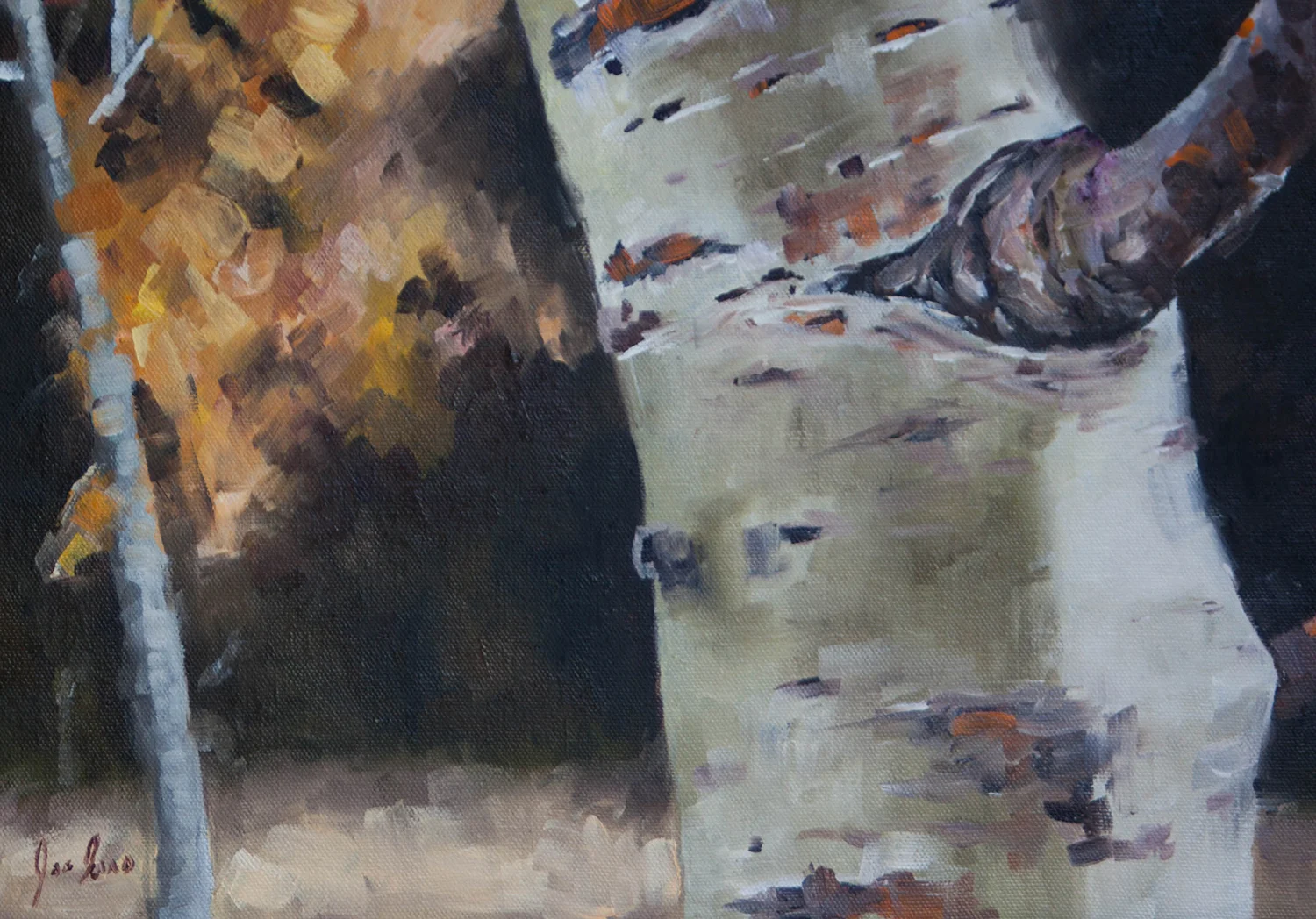 “Harmon Lake Aspens 2” is an oil painting by Joe Enns of a trembling aspens grove near Merritt, British Columbia.