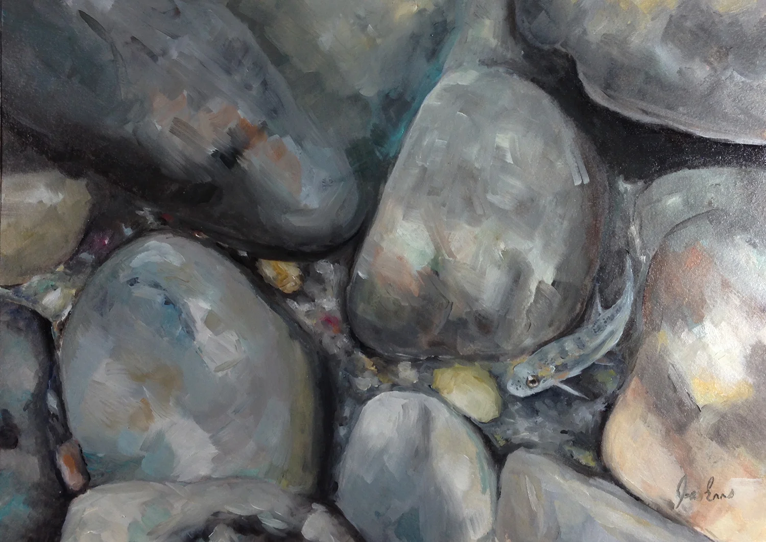 "Baby Rainbow 1" is a still life oil painting by Joe Enns from a photo that Joe took of a juvenile Rainbow Trout (or Steelhead) in a tributary of the Okanagan River in British Columbia.