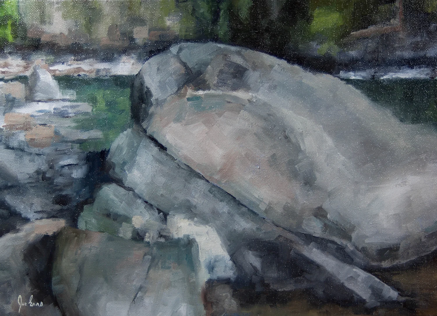 “Similkameen River” is an oil painting by Joe Enns that depicts boulders along the banks of the Similkameen River near Hedley, British Columbia..