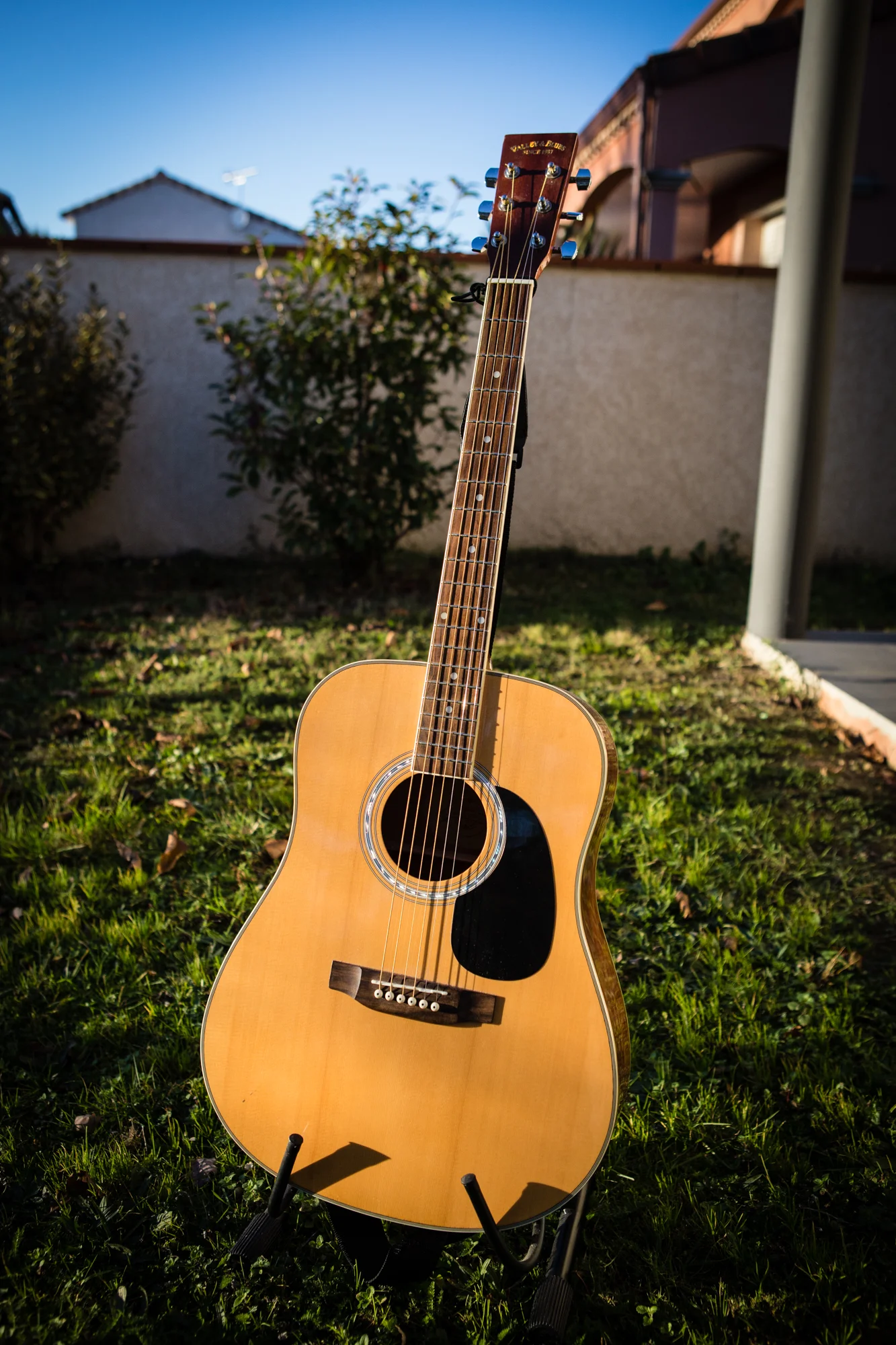 An acoustic guitar standing on grass outdoors with houses and a hedge in the background.