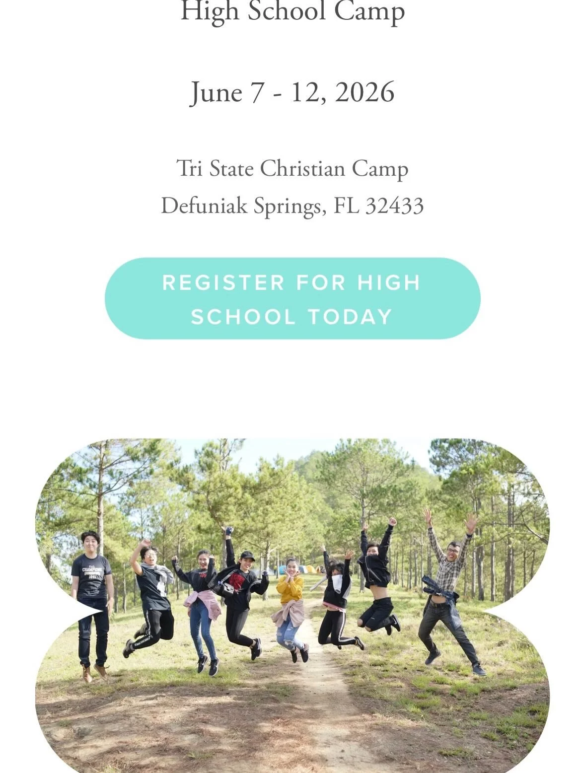 Can you believe tomorrow is High School Camp?!?!?

We are so excited for our camper to come and experience Camp this year. We have been praying over the grounds that it will be an enriched and meaningful experience that will be long remembered. 

Ple