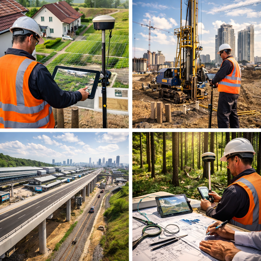 Profissionais de engenharia e construção trabalhando em projetos de infraestrutura ao ar livre, incluindo áreas urbanas e rurais, com equipamentos de medição, placas de desenvolvimento, obras de construção e estradas.