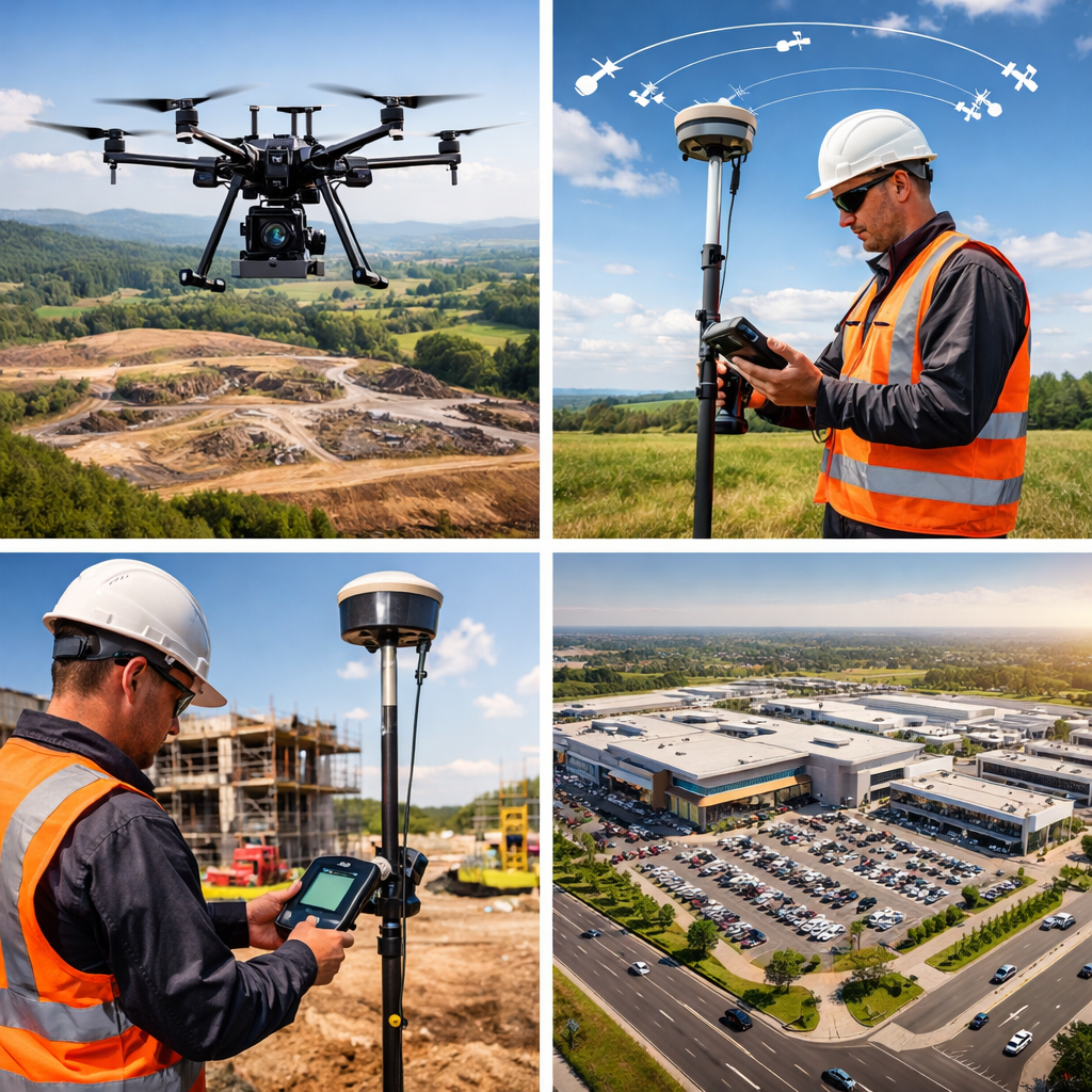 Cena dividida em quatro partes: uma drone sobre uma área rural, um trabalhador com chapéu de proteção usando um aparelho de medição ao ar livre, outro trabalhador com chapéu controlando um equipamento de levantamento de dados na construção, e uma vista aérea de um centro comercial amplo e bem organizado.
