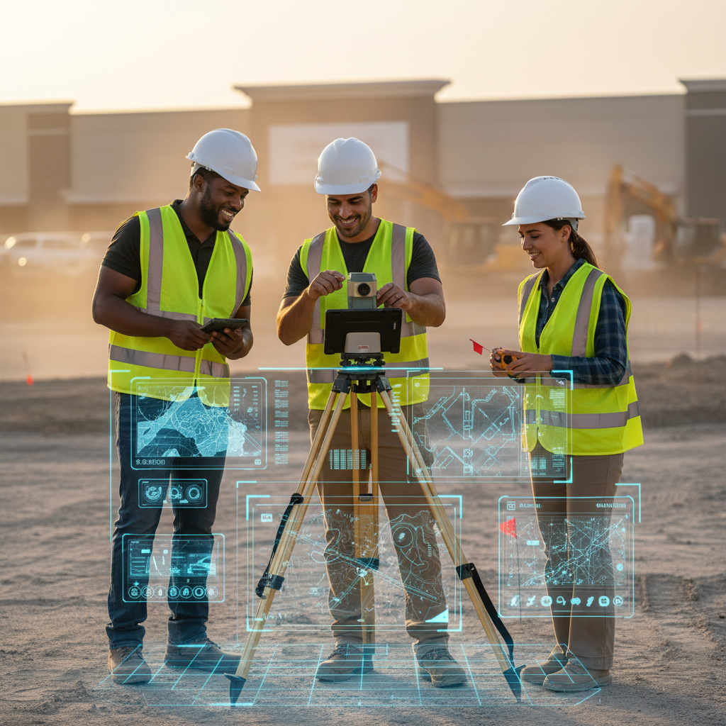 Três engenheiros ou arquitetos usando capacetes de segurança e coletes refletivos em uma obra de construção. Eles estão ao redor de um equipamento de medição, com gráficos e mapas holográficos projetados na frente.