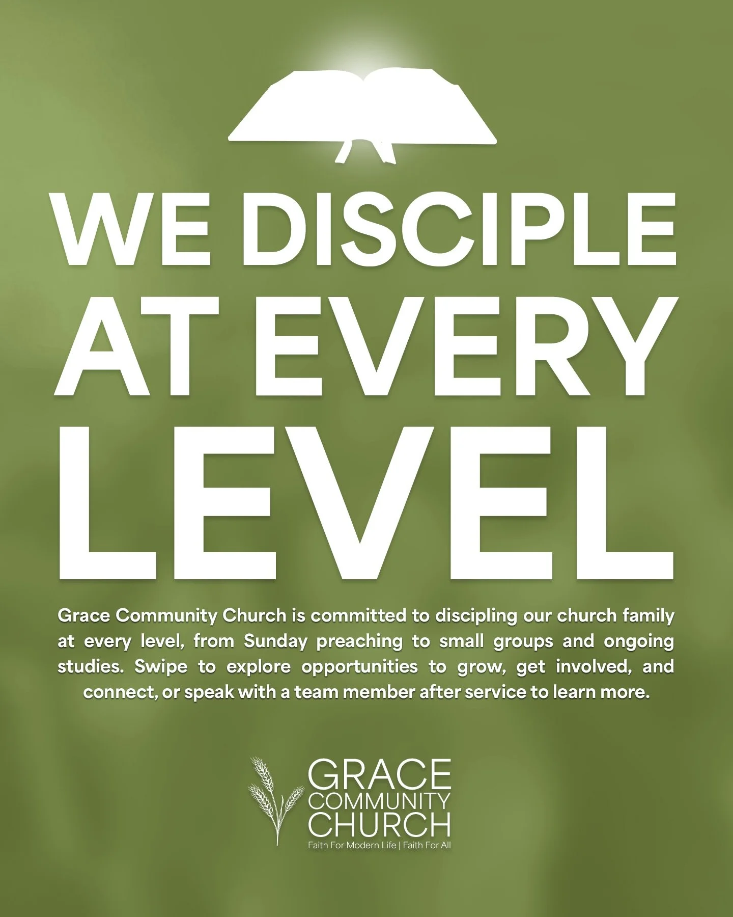 At Grace Community Church, we are committed to discipling our church family at every level.

From Sunday sermons and apologetics teaching, to small groups, Bible studies, hands-on ministries AND SO MUCH MORE, our heart is to help you know God more de