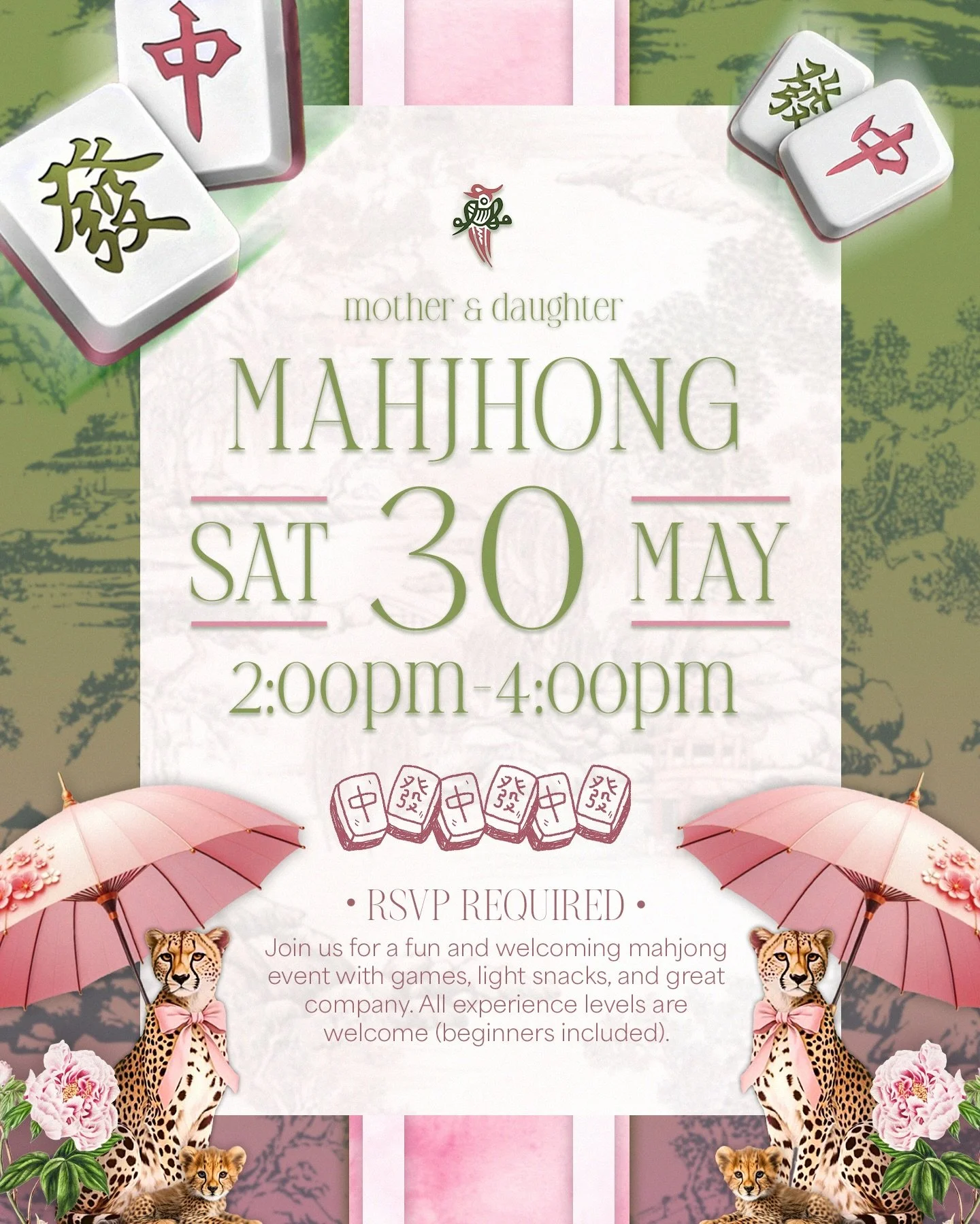 🀄 Mother Daughter Mahjong Class 🀄

Join us on May 30 from 2:00PM to 4:00PM in Darien, CT for a fun and welcoming afternoon of mahjong, light snacks, and great company.

Whether you&rsquo;re brand new or already know your way around the tiles, all e