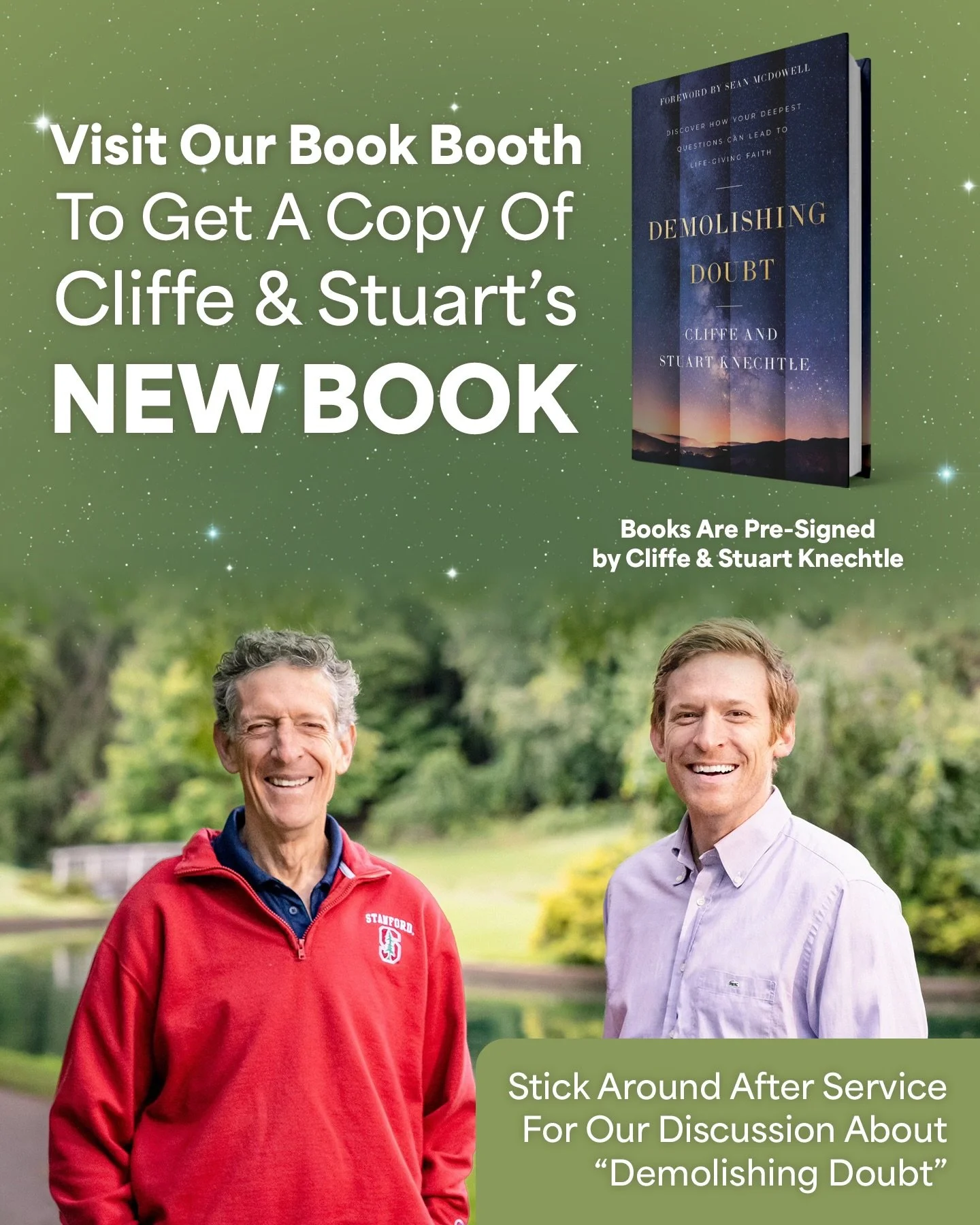 Visit our Book Booth to pick up a pre signed copy of Cliffe &amp; Stuart Knechtle&rsquo;s NEW BOOK &ldquo;Demolishing Doubts&ldquo; after service today!

Then stick around for a special discussion on &ldquo;Demolishing Doubts&rdquo; as we dive deeper