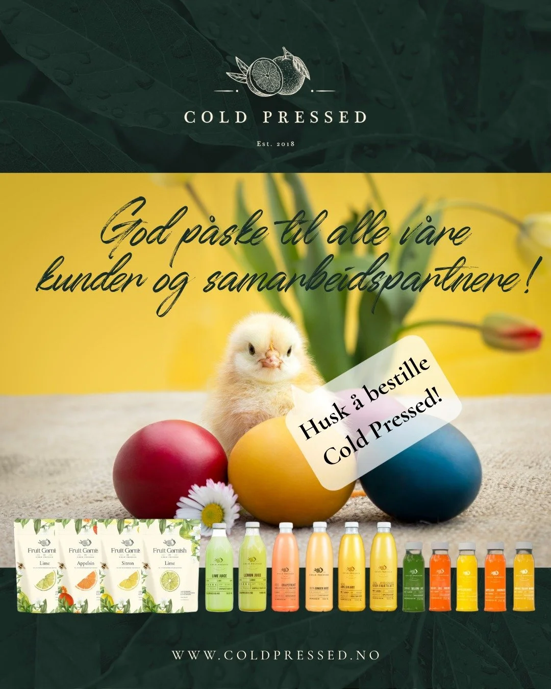 God p&aring;ske til alle v&aring;re kunder og samarbeidspartnere 💛

En liten p&aring;minnelse f&oslash;r p&aring;skeuken:
Husk &aring; fylle opp med Cold Pressed ✅

Bedre flyt. Bedre kvalitet. Mindre svinn.
