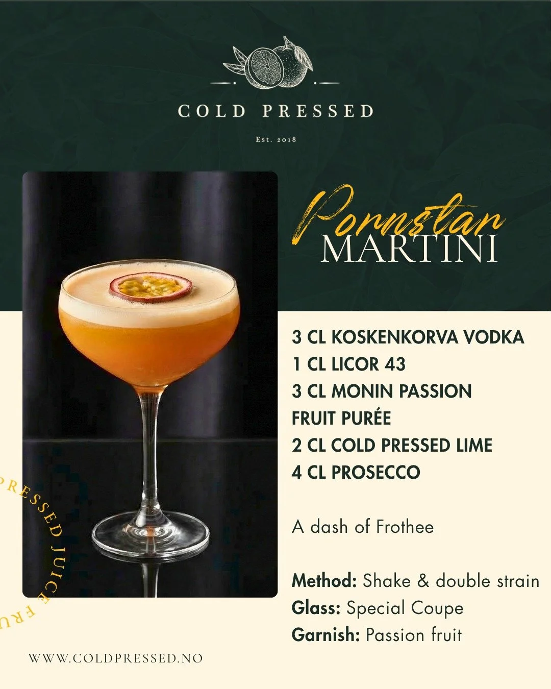 Pornstar Martini &ndash; gjort riktig.

Balansen sitter. Hver gang.

Med Cold Pressed Lime f&aring;r du:
✔️ Ren, frisk syre
✔️ Samme smak &ndash; uansett hvem som lager den
✔️ Raskere flyt bak baren

Ingen pressing. Ingen variasjon. Bare kontroll.

D