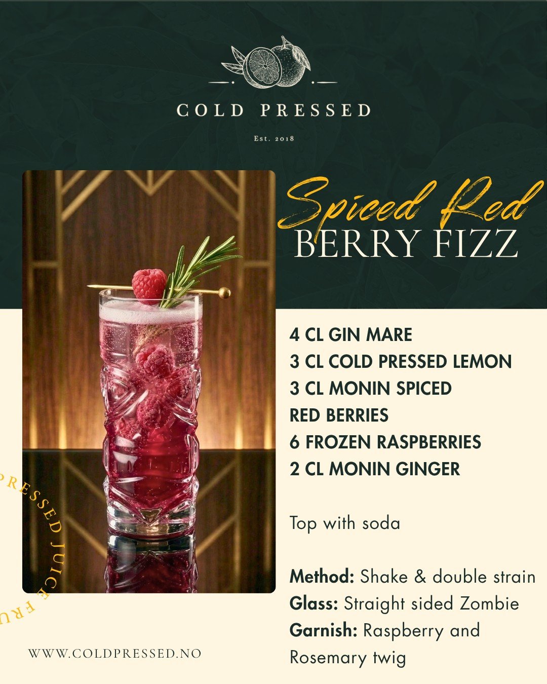 Spiced Red Berry Fizz &ndash; frisk, kompleks og lett &aring; servere.

N&aring;r syren sitter, sitter drinken.

Med Cold Pressed sitronjuice f&aring;r du:
✔️ Ren og stabil syre
✔️ Perfekt balanse mot s&oslash;dme og krydder
✔️ Raskere flyt i service