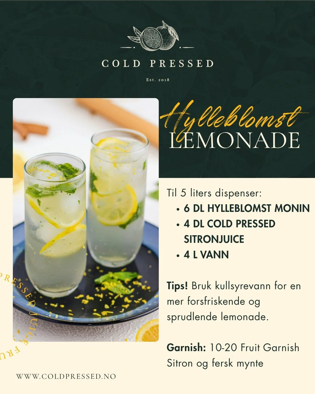 Friskt, enkelt og klart p&aring; minutter.

Med Cold Pressed sine produkter f&aring;r du:
✔️ Ren og balansert syre
✔️ Samme smak &ndash; hver gang
✔️ Null pressing

Perfekt til servering, st&oslash;rre events og sommermenyer 🌼