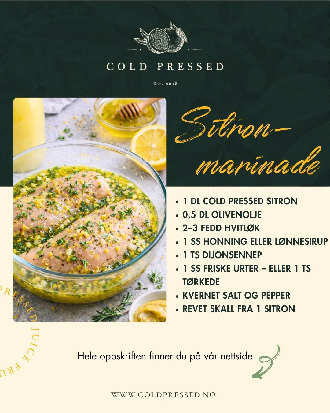 Det er r&aring;varene som setter niv&aring;et👌

Med Cold Pressed sitronuice f&aring;r du en marinade som gir:
✔️ Frisk syre i balanse
✔️ Jevn smak i hele r&aring;varen
✔️ Et renere sluttresultat

Fungerer like godt til kj&oslash;tt, fisk og gr&oslas