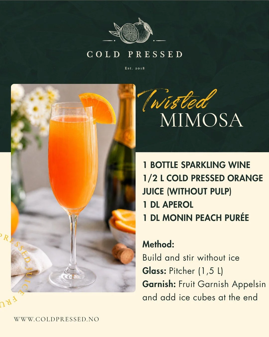 En mimosa med litt mer dybde - perfekt til 17. mai feiringen 🥂🇳🇴

Cold Pressed appelsinjuice gir:
✔️ Ren og frisk sitrussmak
✔️ Jevn balanse i hele drinken
✔️ Et mer presist sluttresultat

N&aring;r basen er riktig, smaker resten bedre.