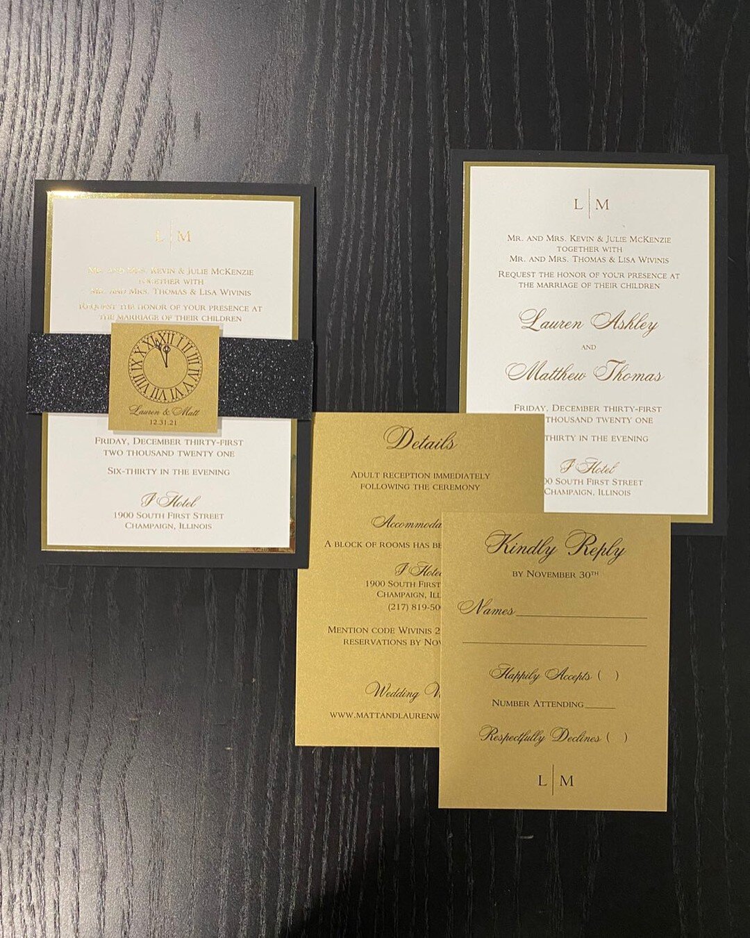 We created many invitations for New Years weddings over the last month. These feature gold foil, black glitter and a clock at midnight monogram. #newyearsevewedding #goldandblackinvitations