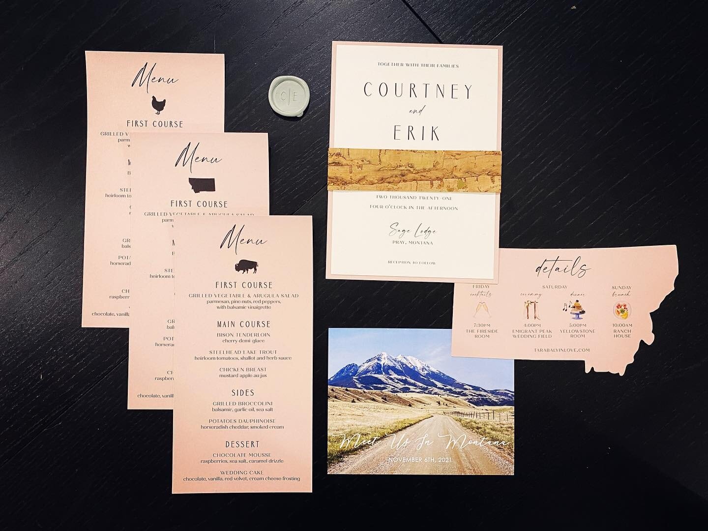 Near or far we can create custom invitations for your event! All the Montana details were incorporated with custom shaped detail cards, natural cork with foil belly bands and meal choice menus. #meetusinmontana #montanawedding #mountainwedding #thepa