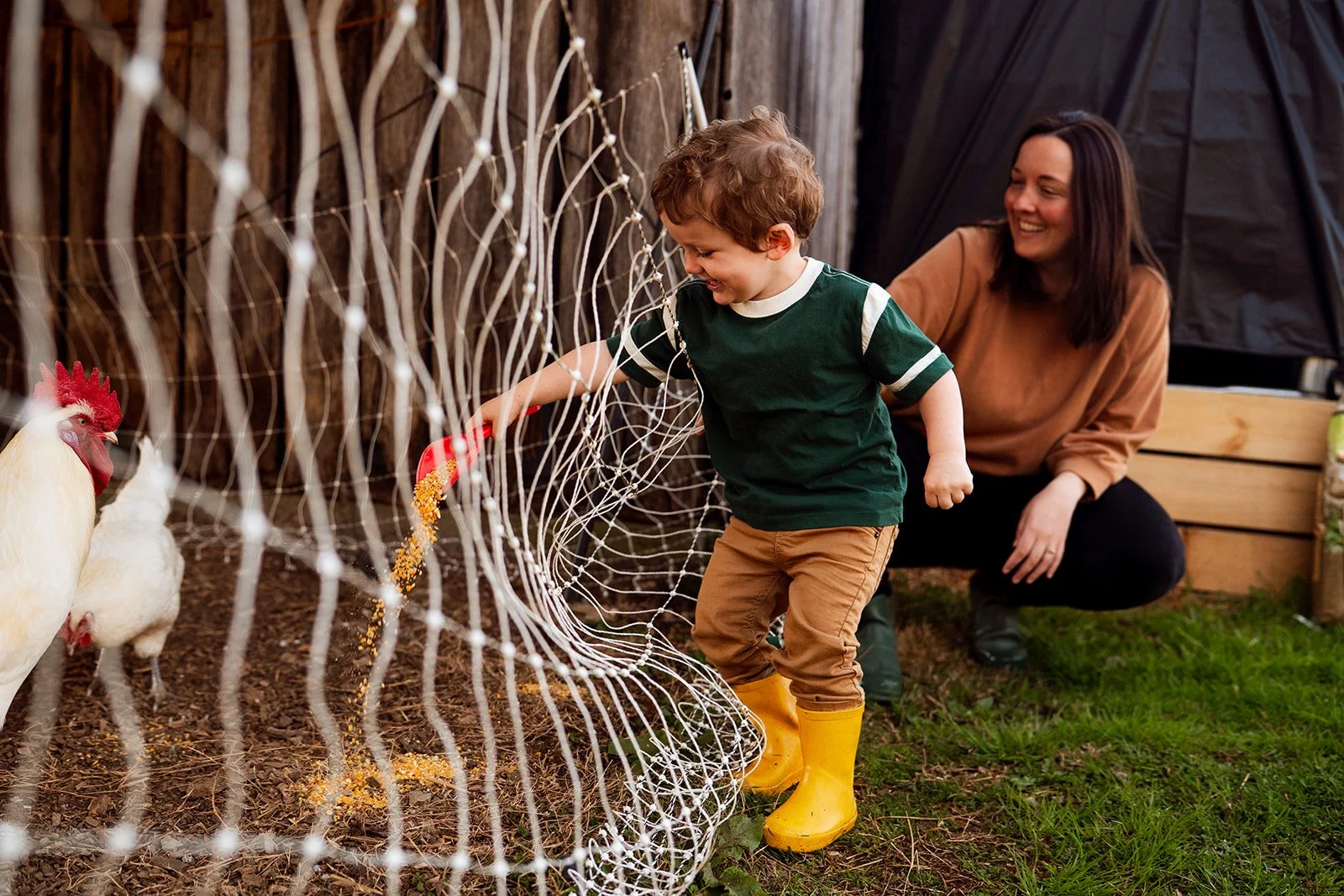 little boy giving chickens grain while mom is behind him smiling