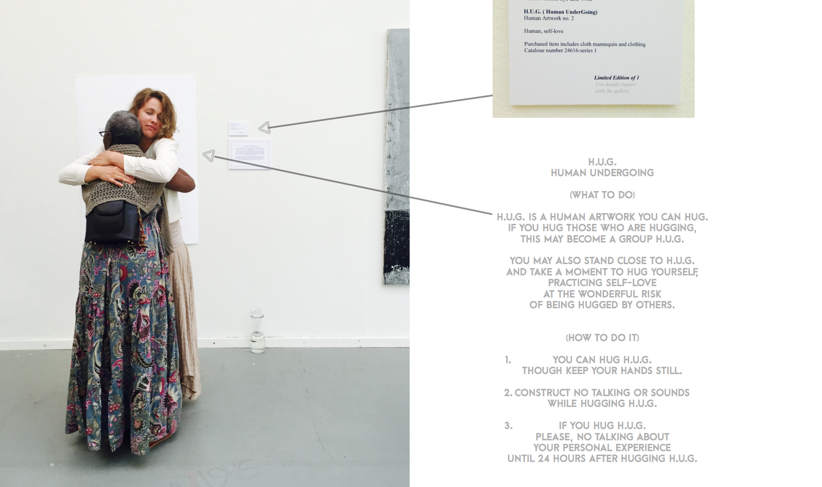 Interactive performance artwork by Micah Kessel titled Human Undergoing, or HUG, featuring a human artwork engaged in an embrace-based gallery encounter that explores self-containment, vulnerability, interpretation, and human connection.