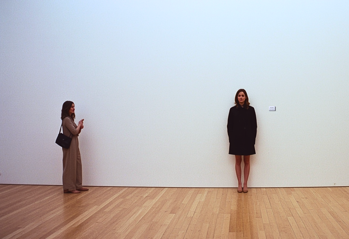 Contemporary human art performance by Micah Kessel titled Named, featuring people standing in a gallery with artist names beside them to explore attention, identity, presence, spectatorship, and the way viewers look at art and strangers.