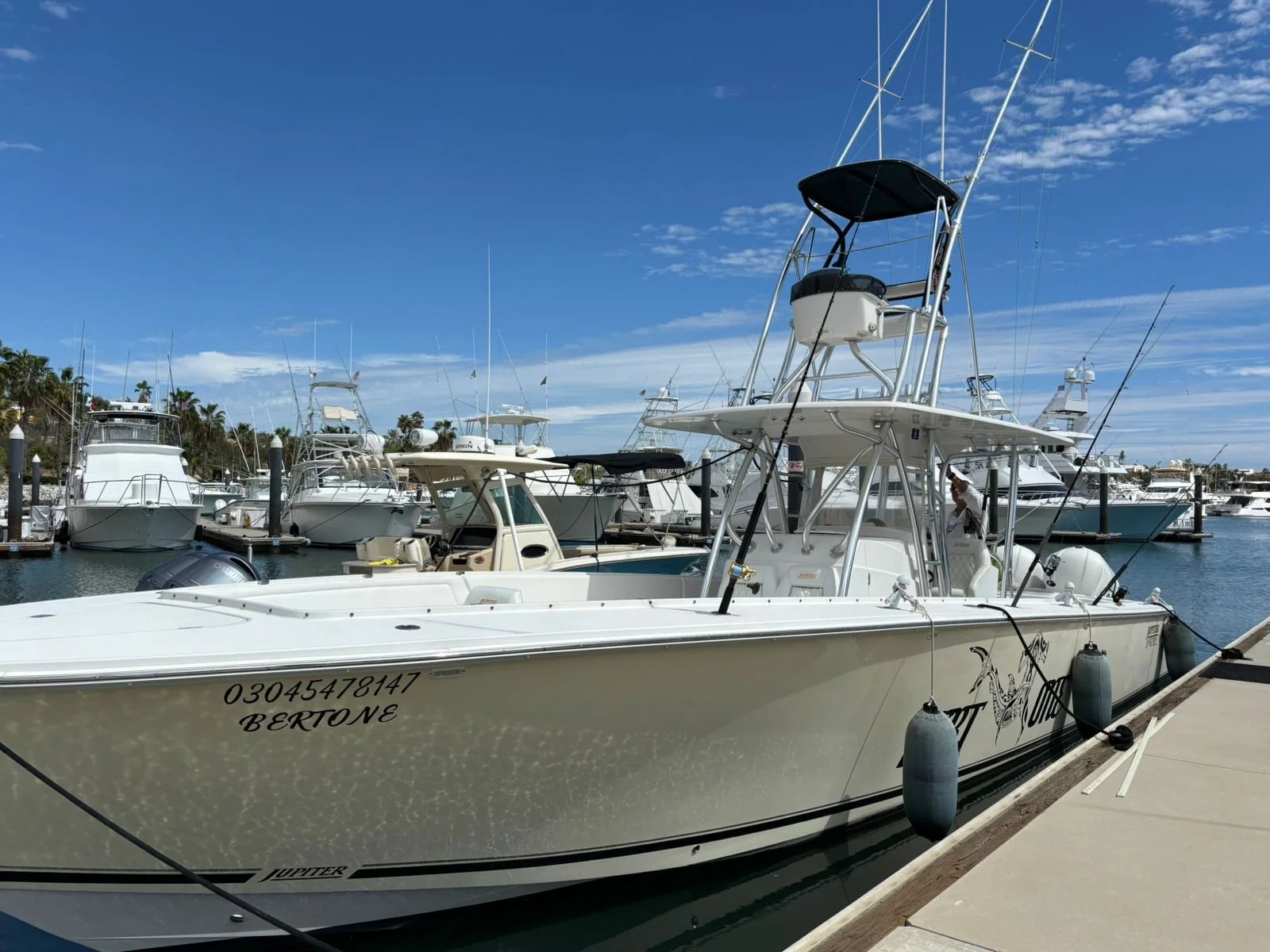 A white fishing boat docked at a marina with several other boats in the background, palm trees, and a partly cloudy blue sky.