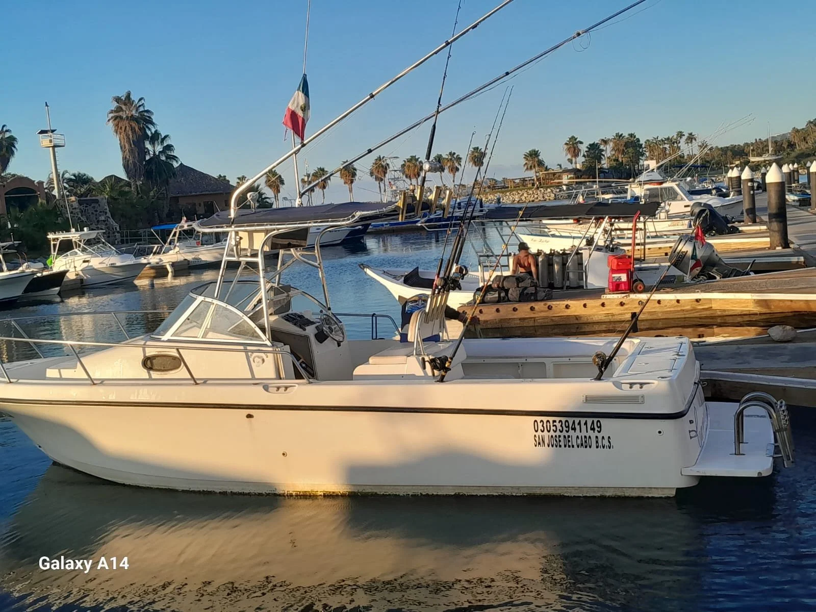 A white fishing boat docked at a marina with multiple other boats and yachts in the background, some with fishing rods, palm trees, and a building visible in the distance during sunset.