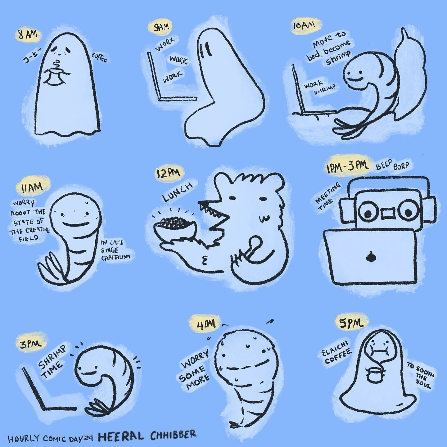 #hourlycomicday I made it but I did not finish the whole day. Oh well! I have always wanted to do this day and i always miss it so here is my first in 2024 🥰👻🦐🐻