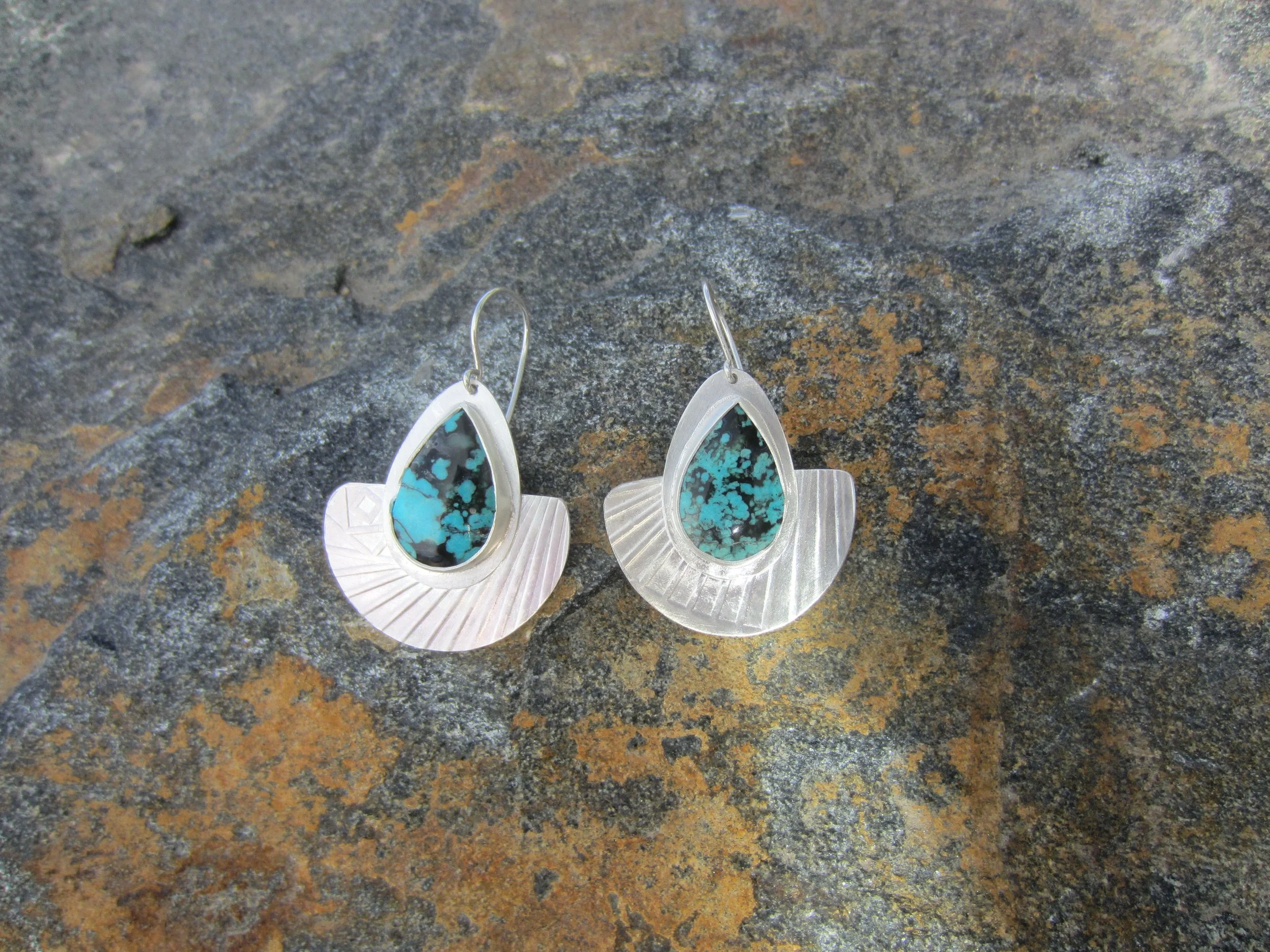 Chrysocolla Plume and Textured Sterling Silver, Fan Shaped Earrings