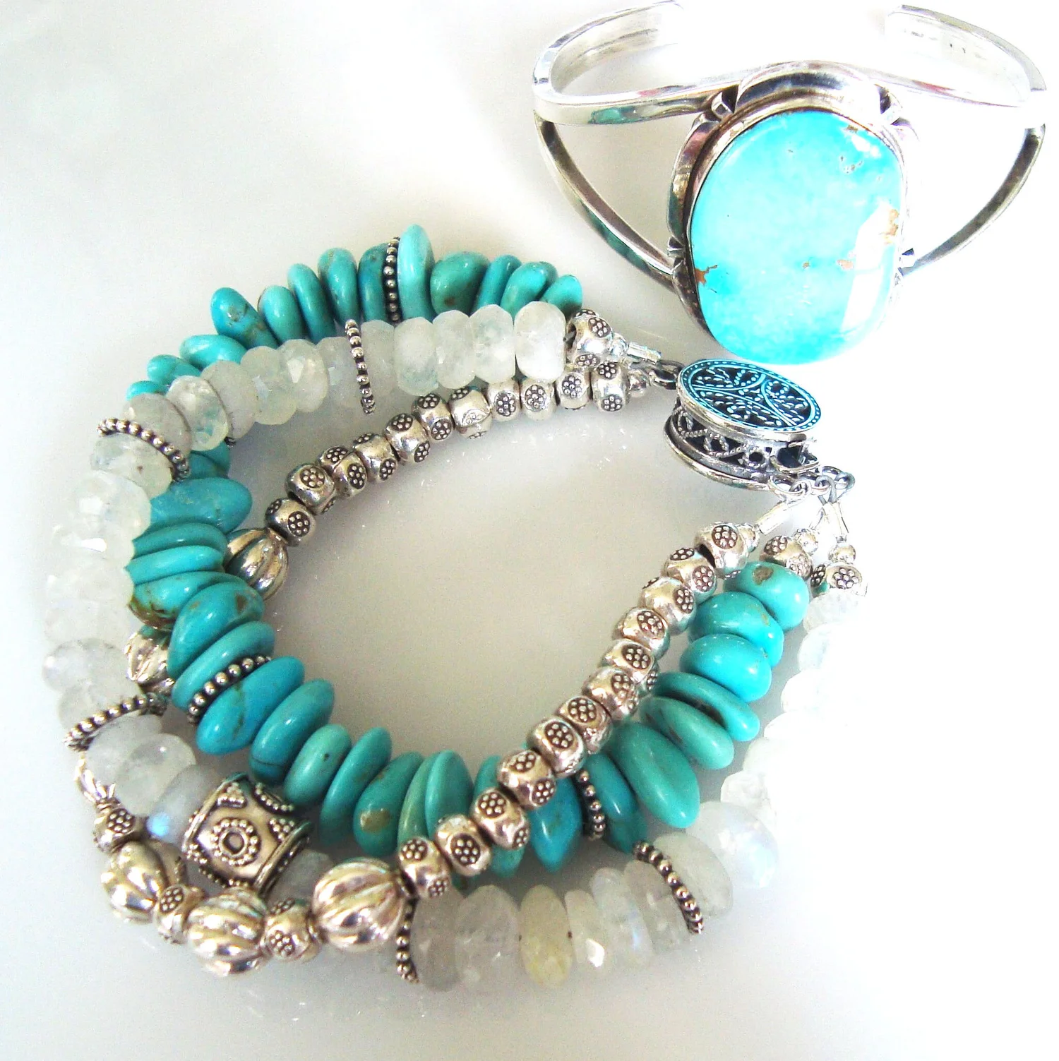 Turquoise, Rainbow Moonstone and Sterling Silver Triple Strand Bracelet —  Maggie Made Designs