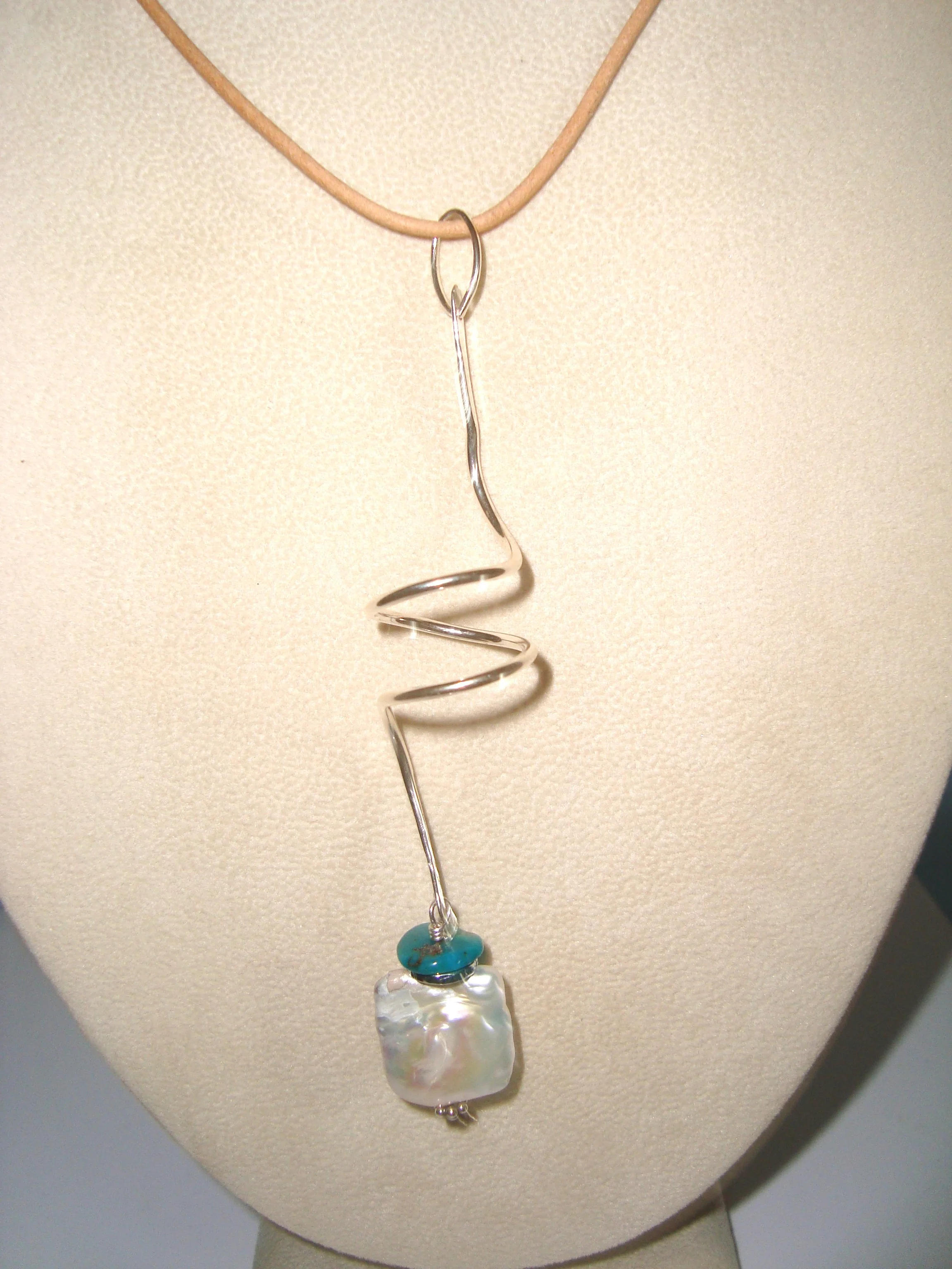 Leather Cord, Sterling Silver Spiral and Freshwater Pearl Pendant Necklace