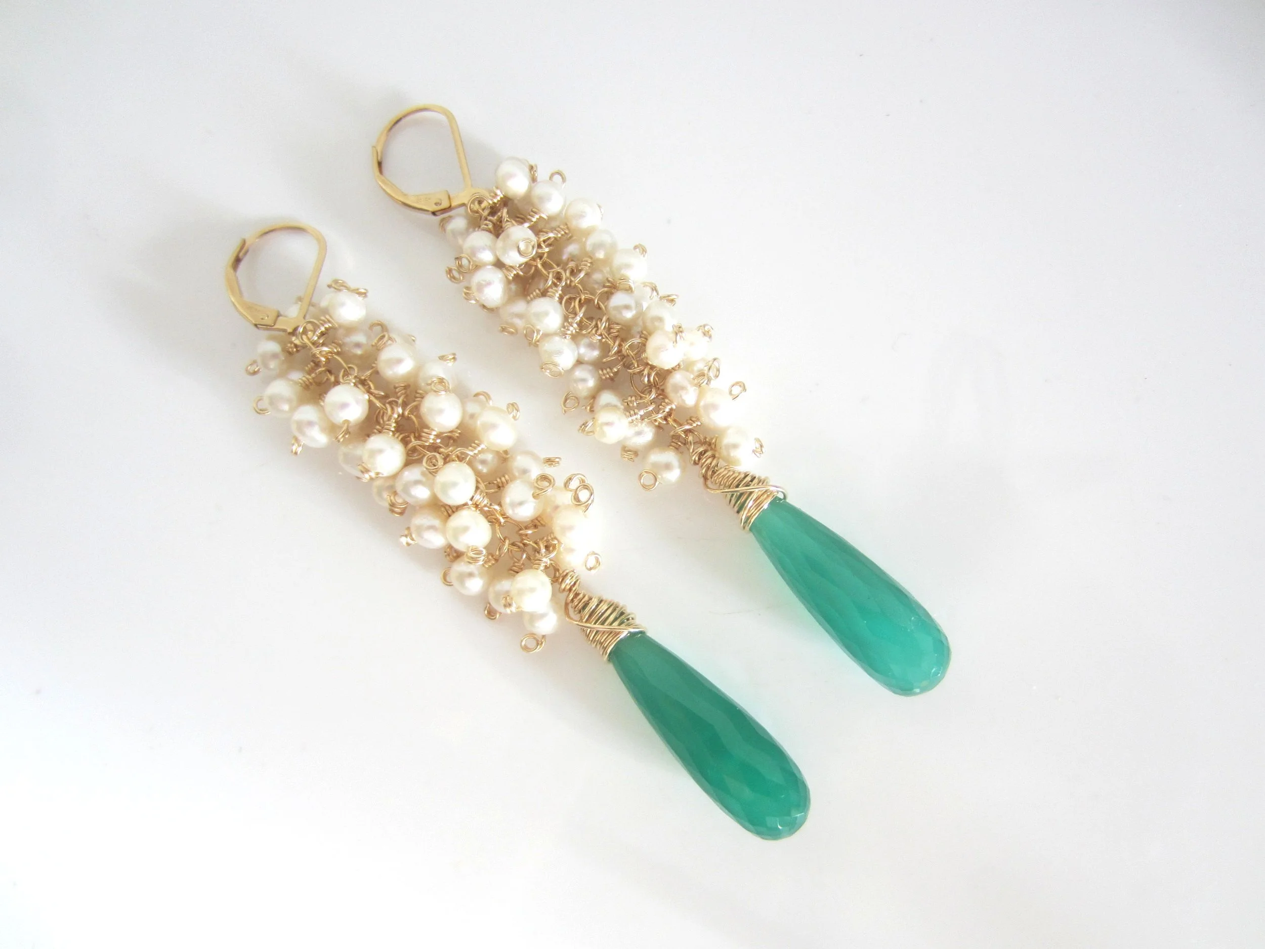 Green Onyx, 14kt Gold Fill and Small, Freshwater Pearls, Long, Dangle Earrings