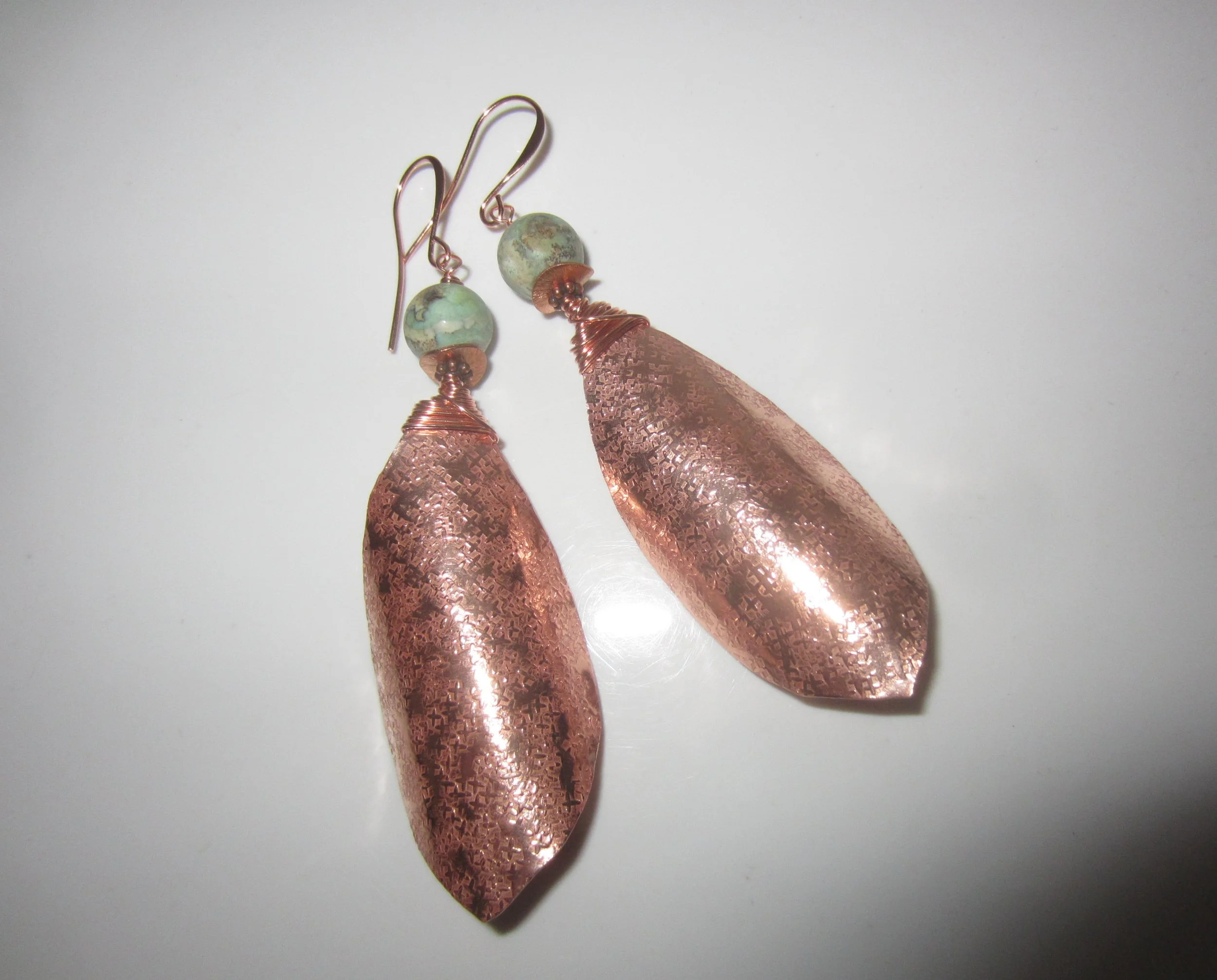 Large, Textured Copper and Dragonskin Agate, Long, Dangle Earrings