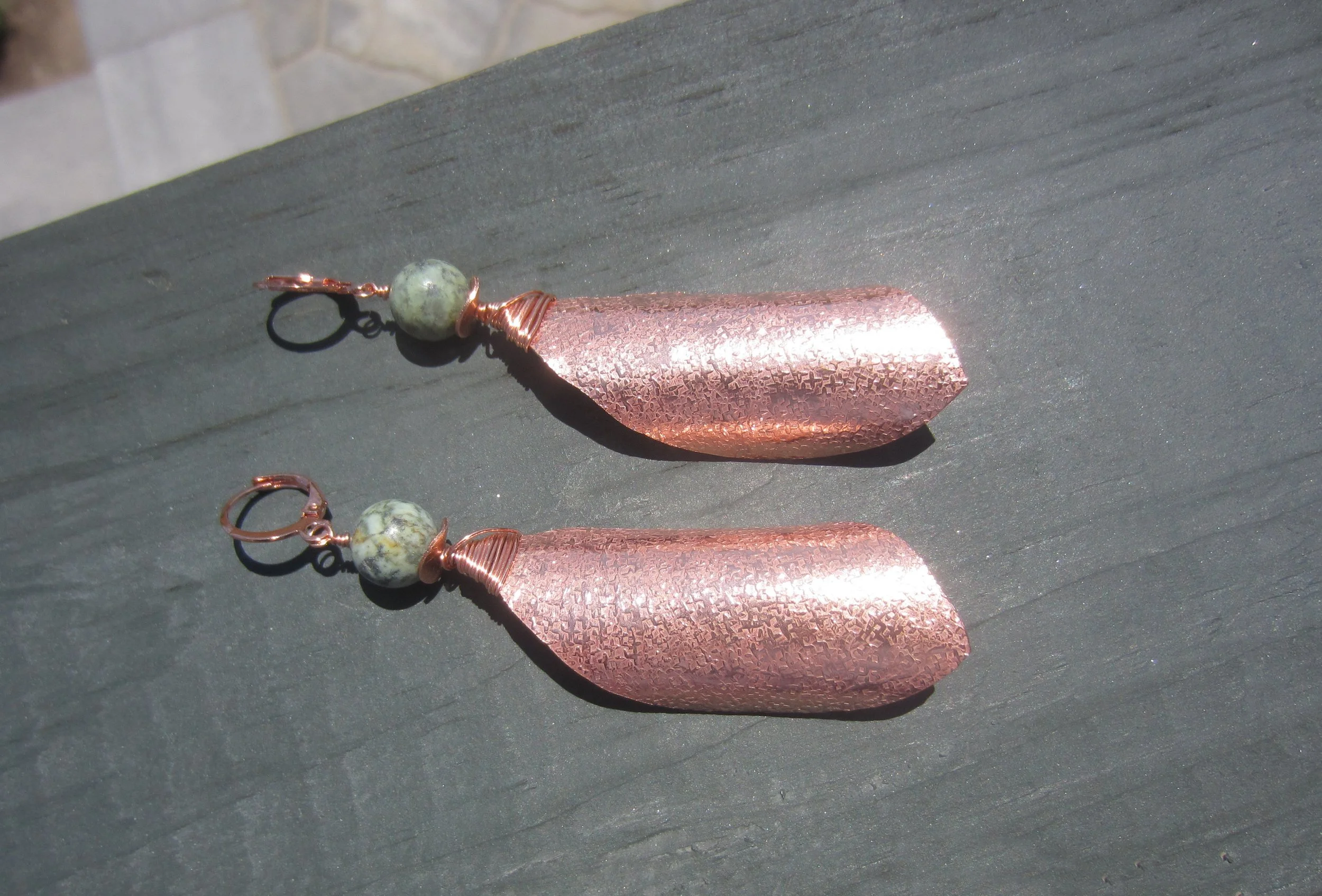 Large, Textured Copper and African Turquoise, Statement Earrings
