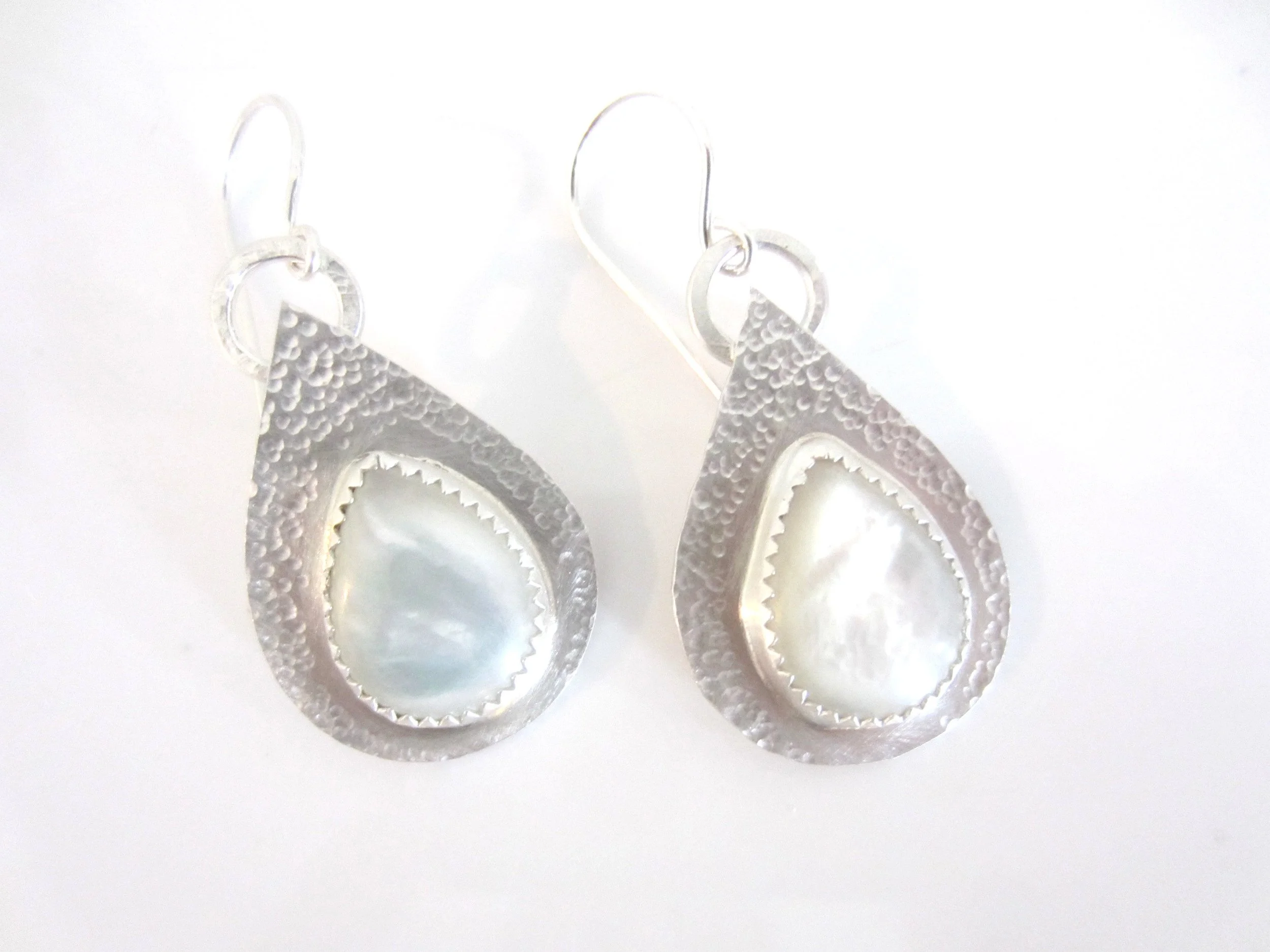 Mother of Pearl and Textured, Sterling Silver, Dangle Earrings