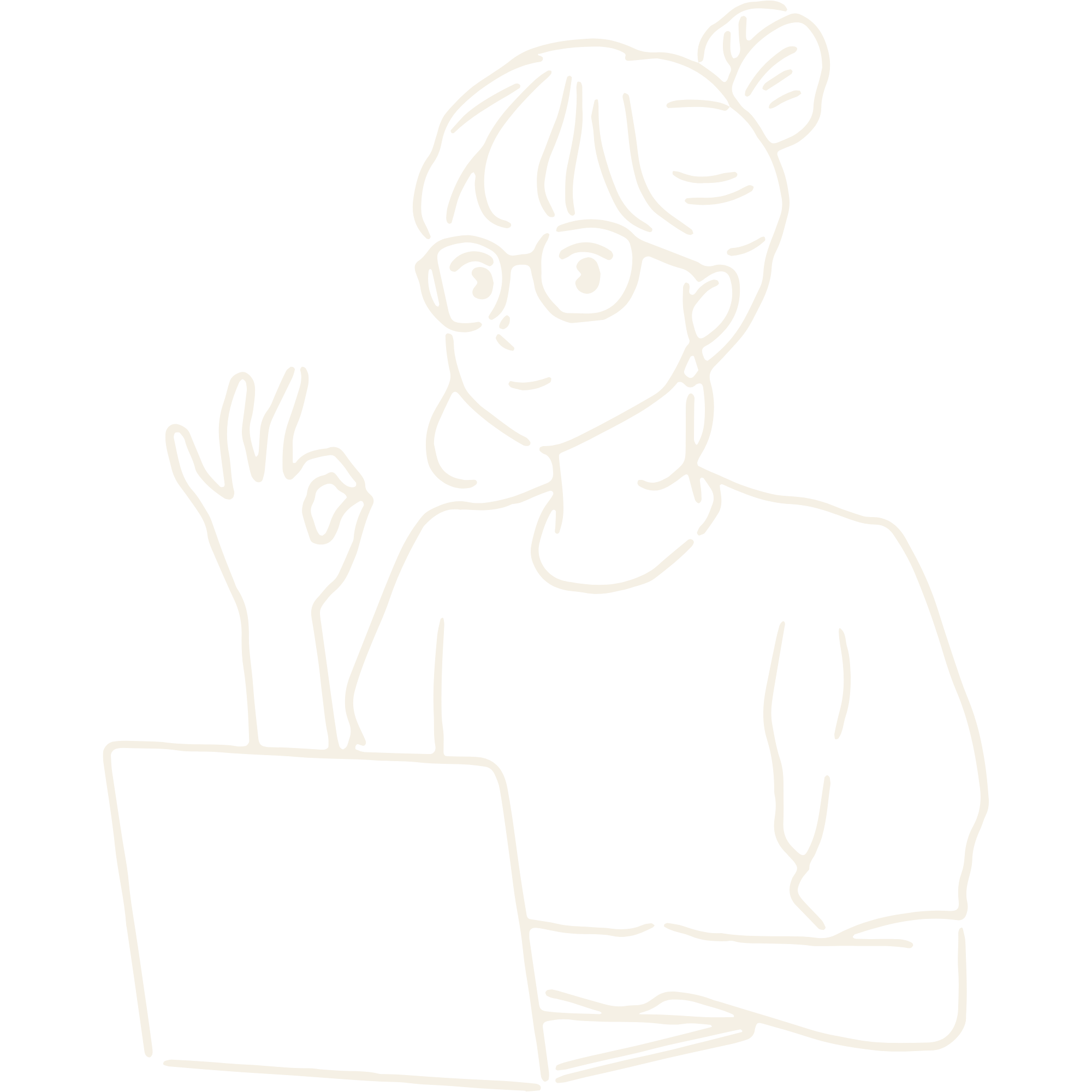 Line drawing of a girl with glasses, a ponytail, and a bow on her head, pointing at a white card or phone on a table.