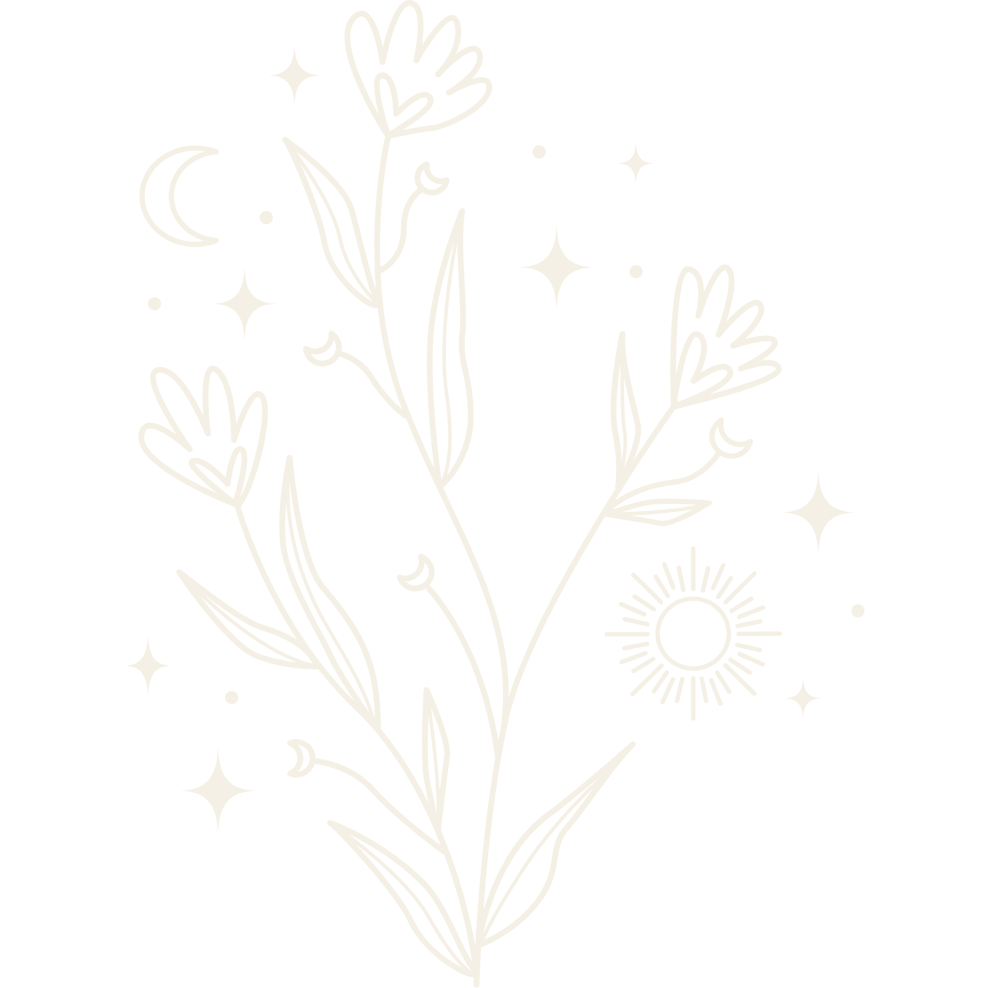 A white line drawing of flowers, stars, and crescent moons on a black background.